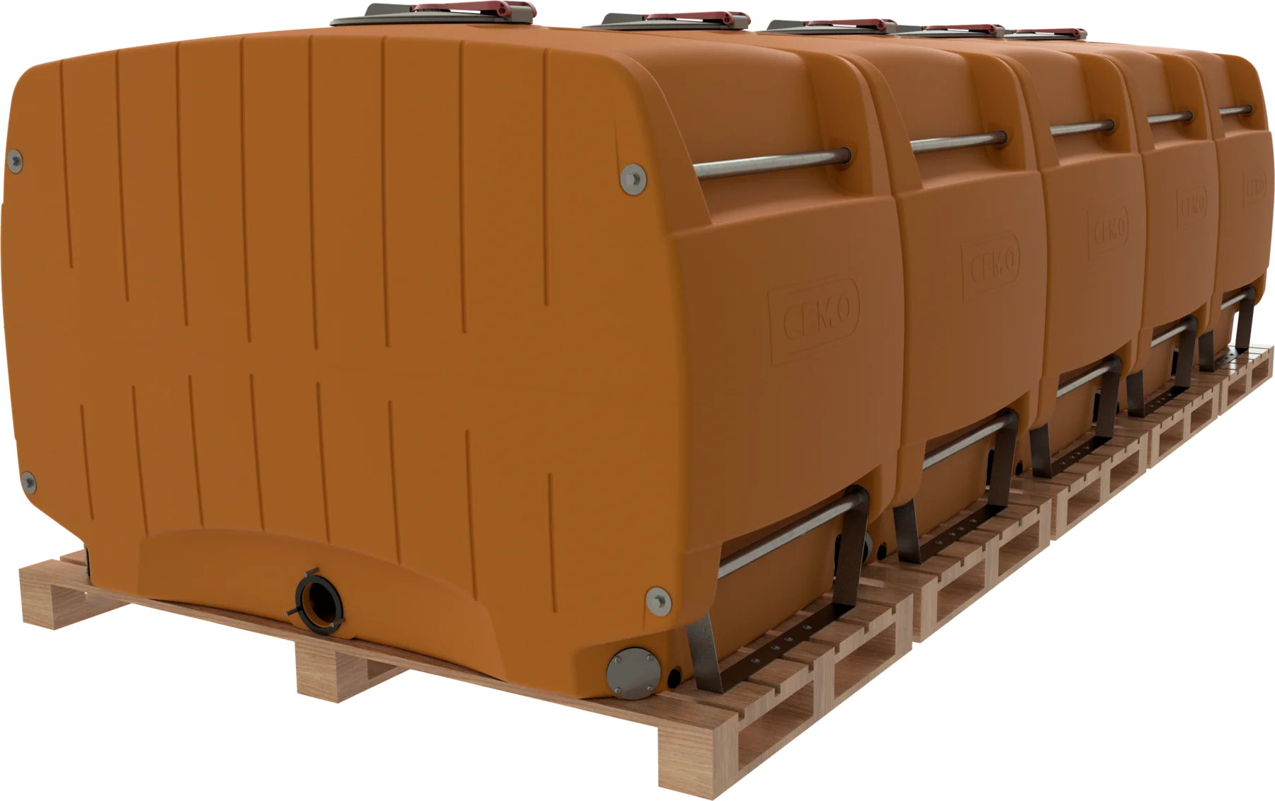 CEMO PE modular drum with disposable pallet, 10000 L, orange, with lockable lid, dome centre: 380 mm, wooden pallet