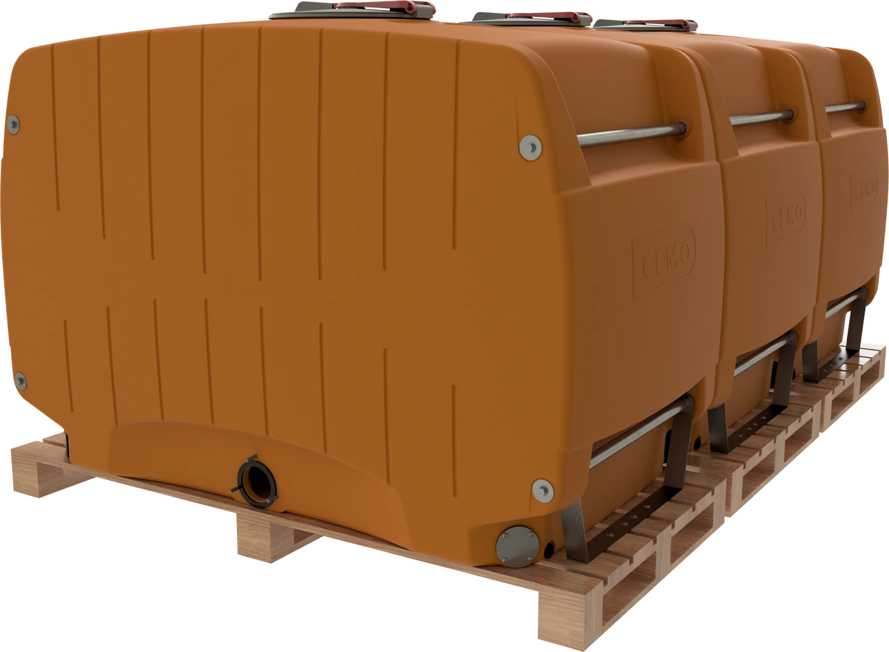CEMO PE modular drum with disposable pallet, 6000 L, orange, with lockable lid, dome centre: 380 mm, wooden pallet