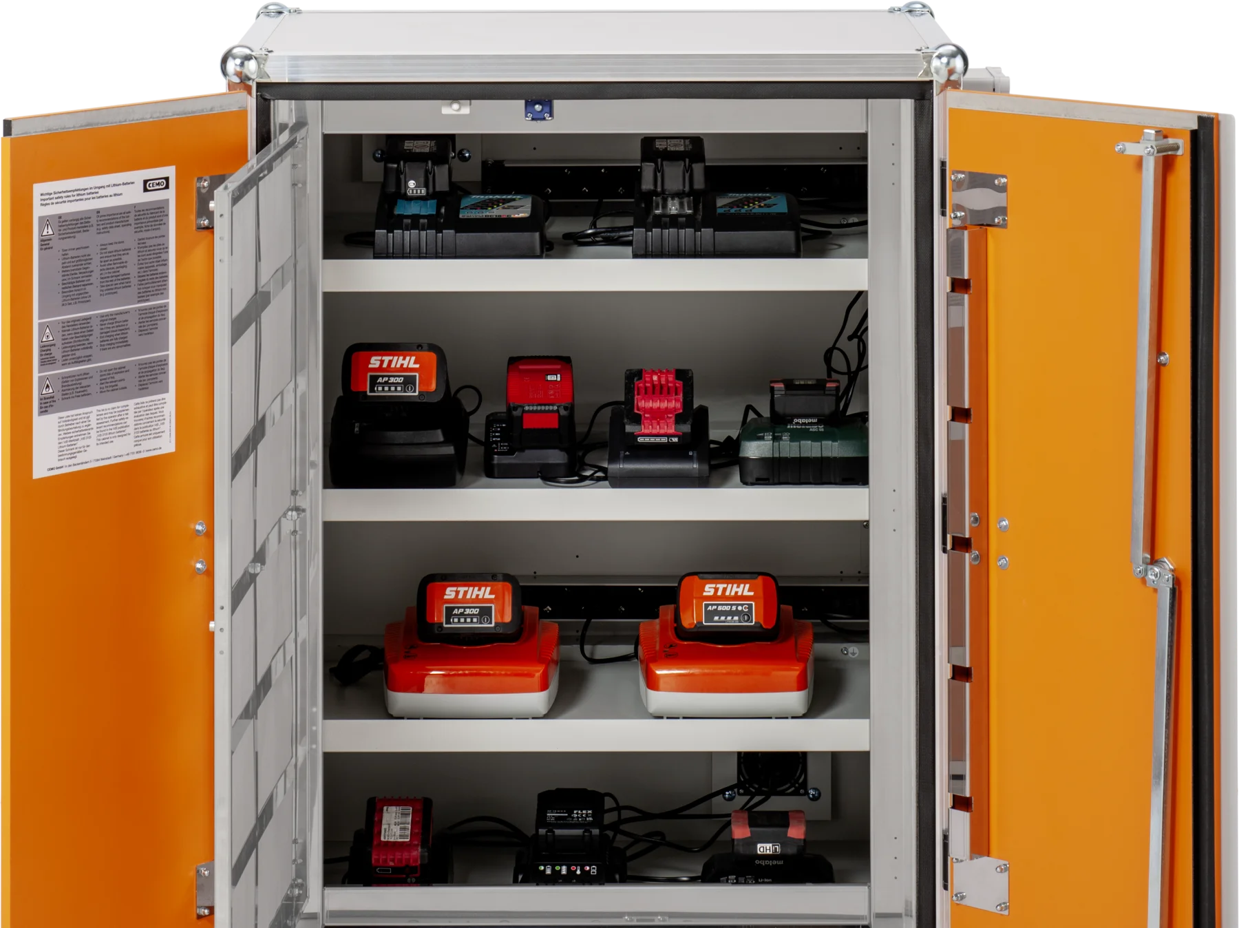 CEMO Battery charging cabinet Premium, 230 V, grey, double hinged doors, orange doors, feet