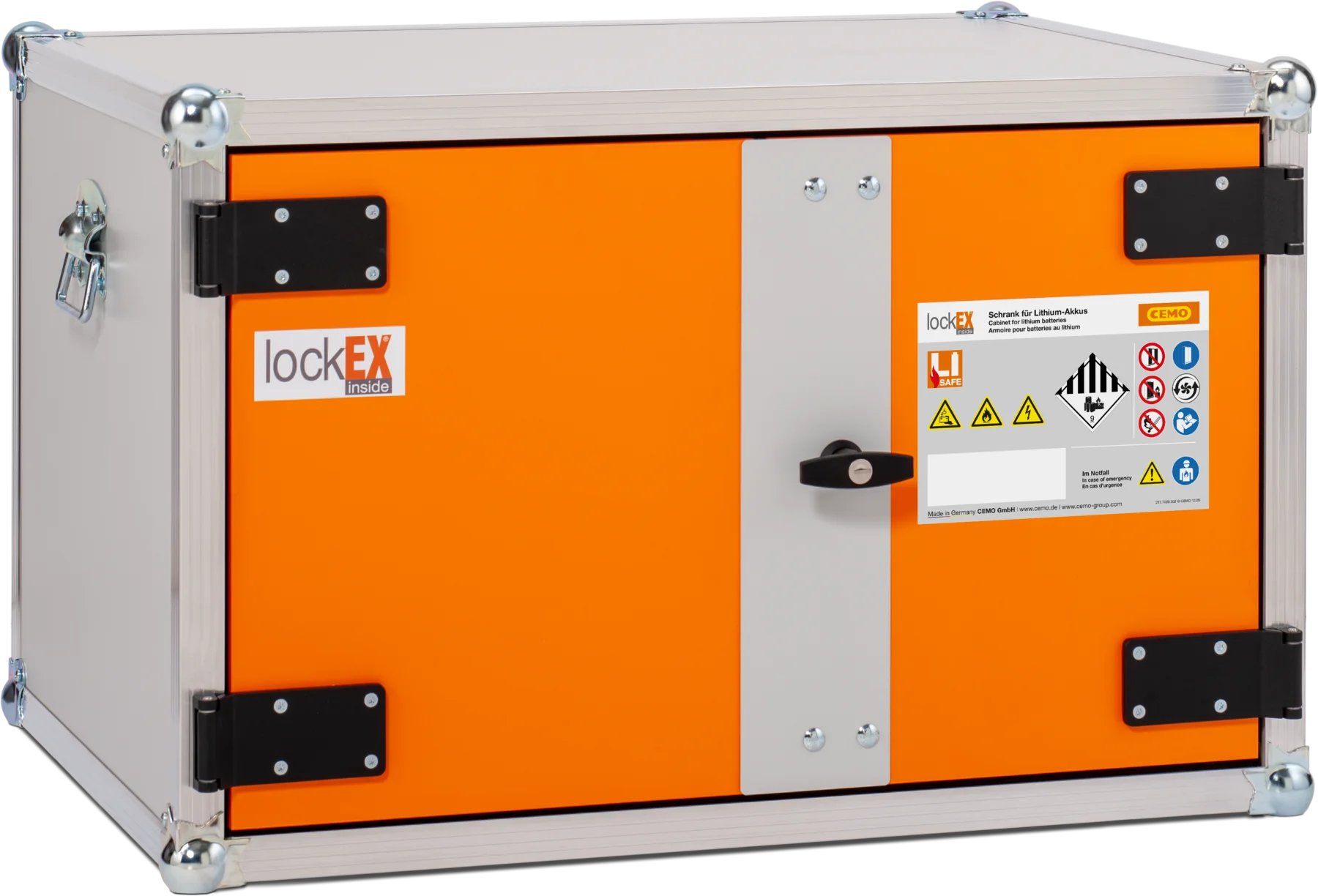 CEMO Battery charging cabinet Basic, 230 V, grey, double hinged doors, orange doors