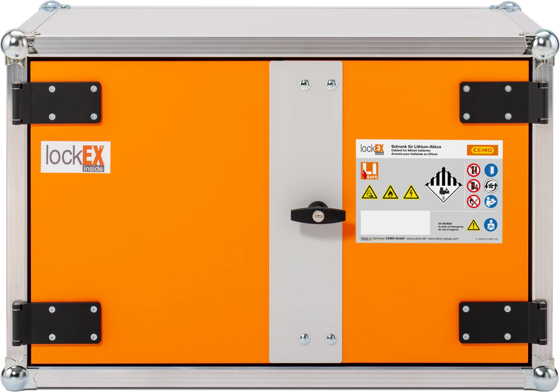 CEMO Battery charging cabinet Basic, 230 V, grey, double hinged doors, orange doors