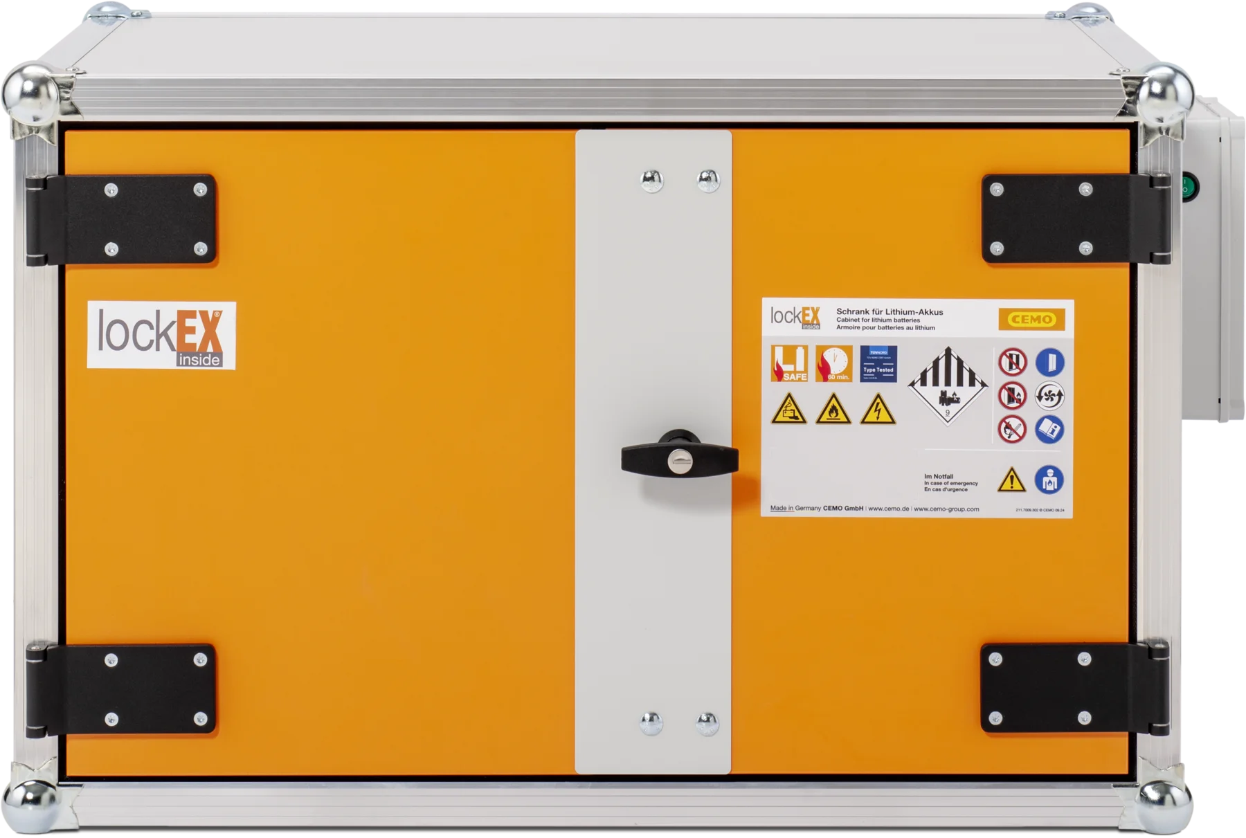 CEMO Battery charging cabinet Premium, 230 V, grey, double hinged doors, orange doors