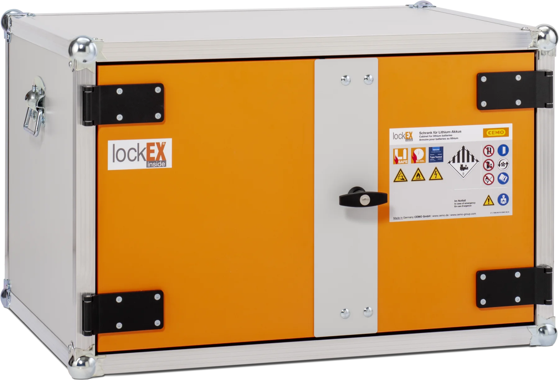 CEMO Battery charging cabinet Premium, 230 V, grey, double hinged doors, orange doors