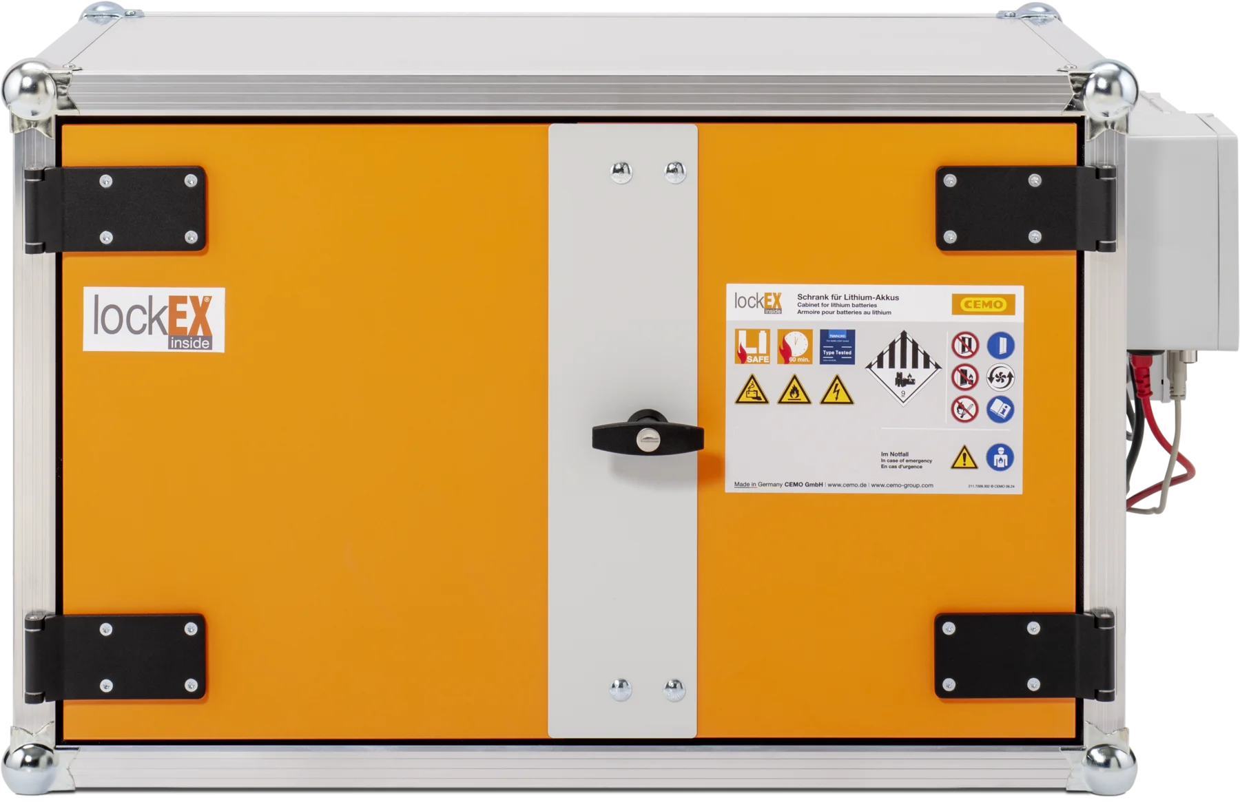 CEMO Battery charging cabinet Premium Plus, 230 V, grey, double hinged doors, orange doors