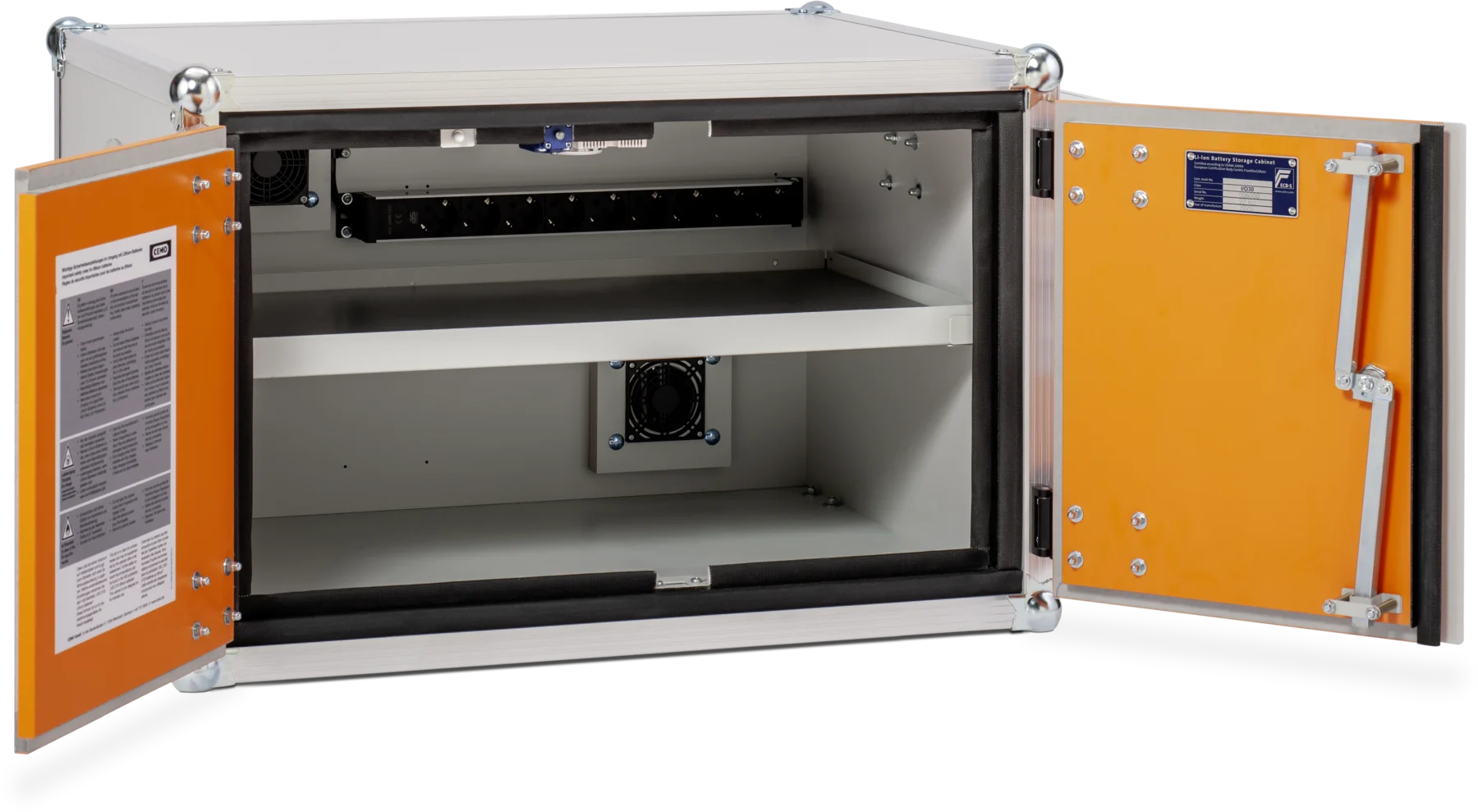 CEMO Battery charging cabinet Premium Plus, 230 V, grey, double hinged doors, orange doors