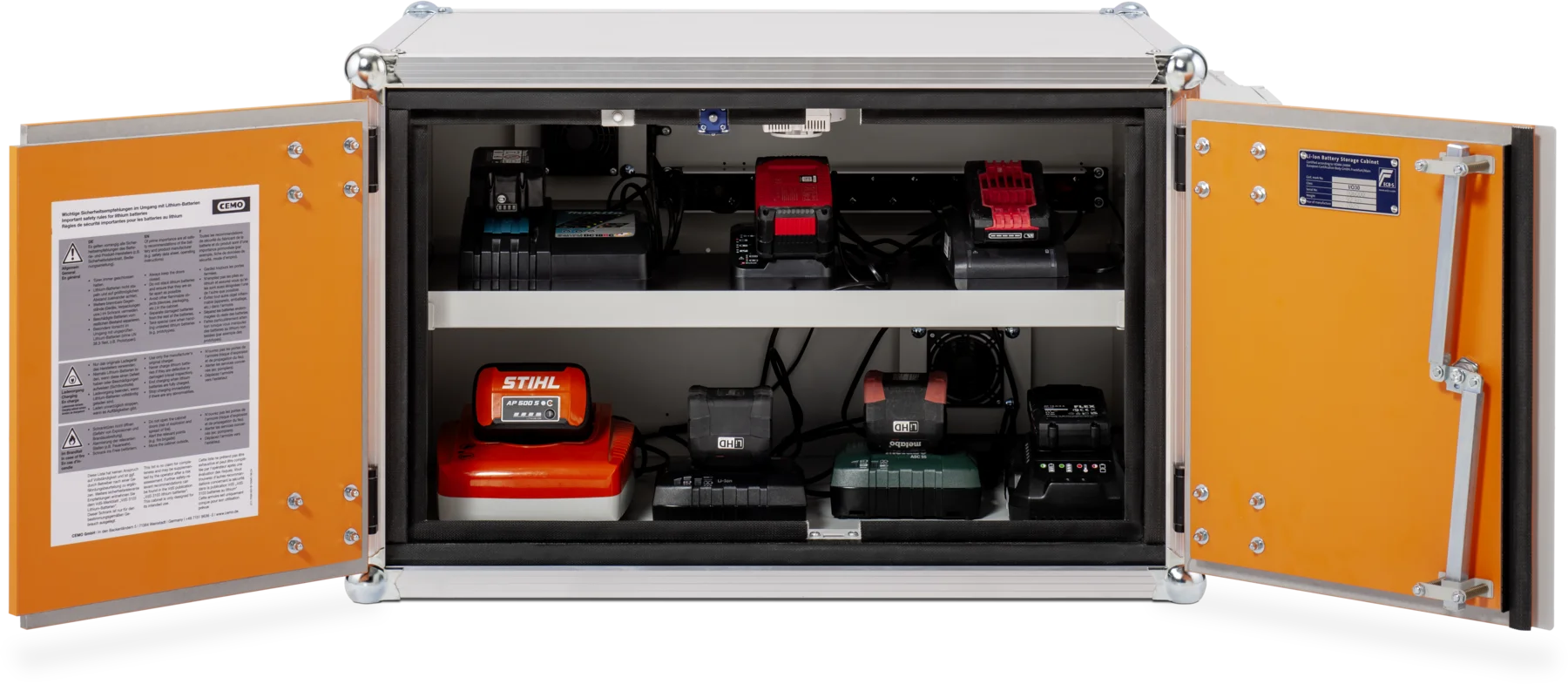 CEMO Battery charging cabinet Premium Plus, 230 V, grey, double hinged doors, orange doors