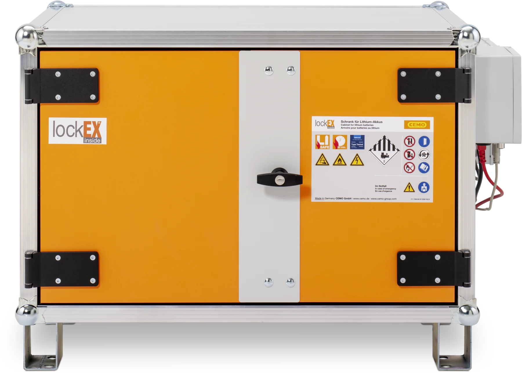 CEMO Battery charging cabinet Premium Plus, 230 V, grey, double hinged doors, orange doors, with stacking feet