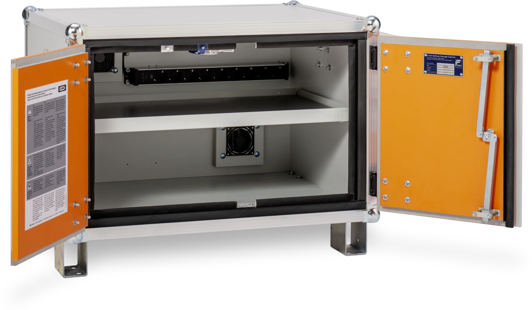 CEMO Battery charging cabinet Premium Plus, 230 V, grey, double hinged doors, orange doors, with stacking feet