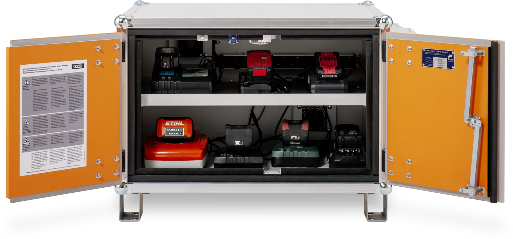 CEMO Battery charging cabinet Premium Plus, 230 V, grey, double hinged doors, orange doors, with stacking feet