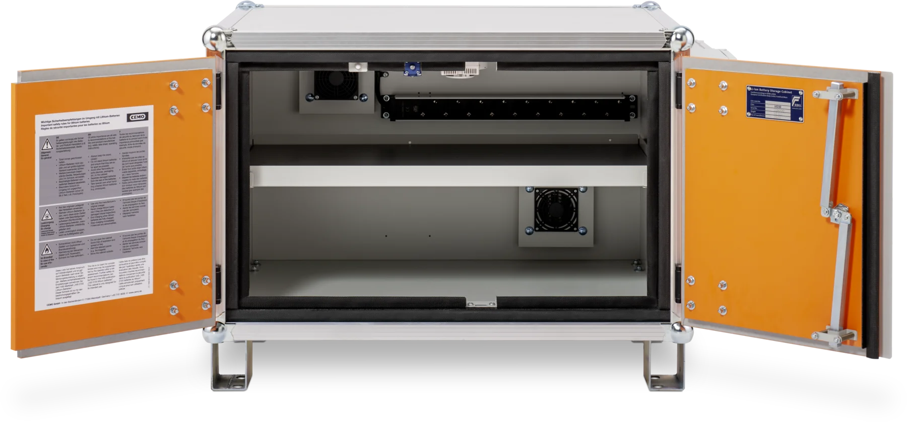 CEMO Battery charging cabinet Premium Plus, 230 V, grey, double hinged doors, orange doors, with stacking feet