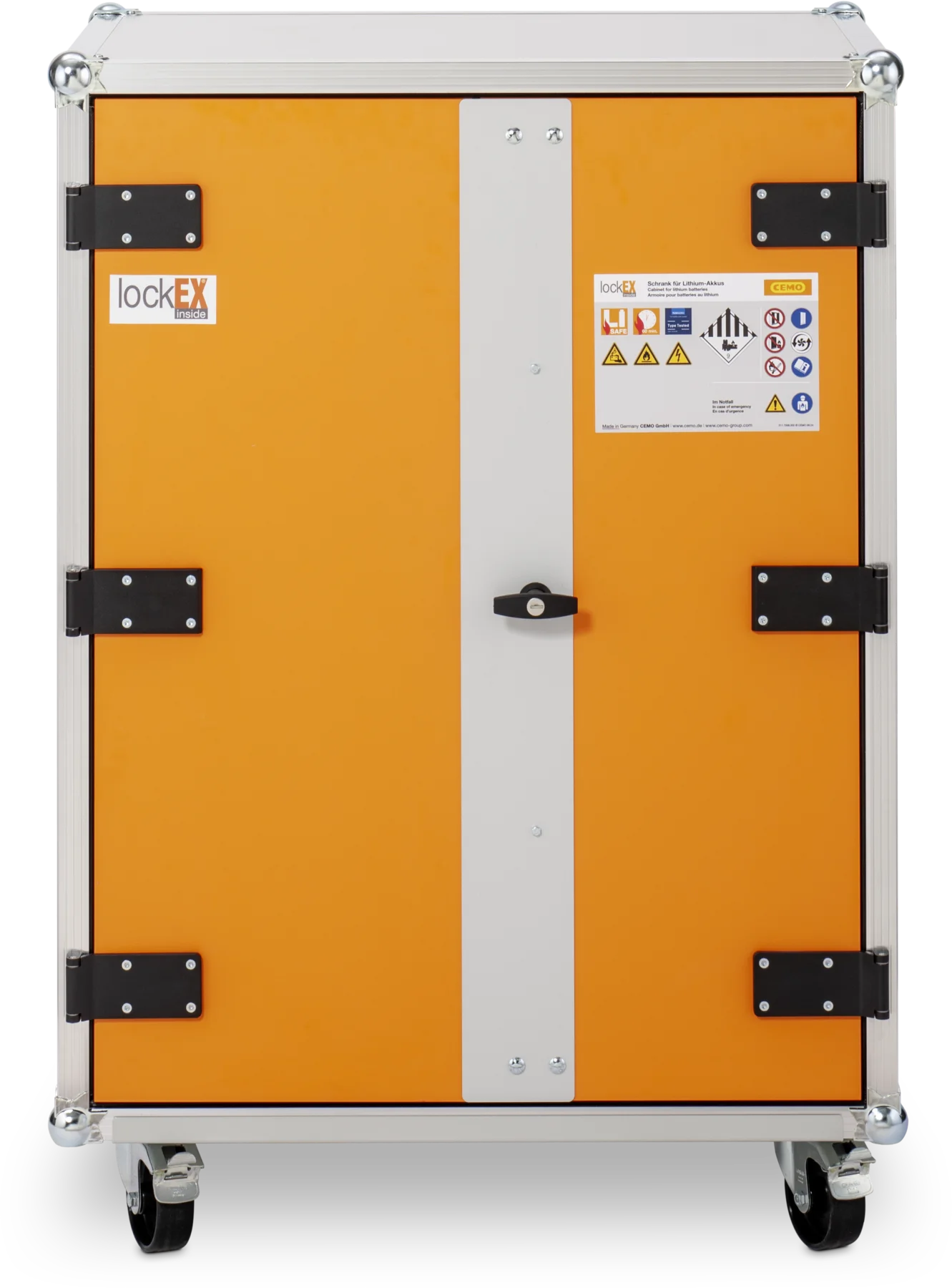 CEMO Battery charging cabinet Basic, 230 V, grey, double hinged doors, orange doors, castors