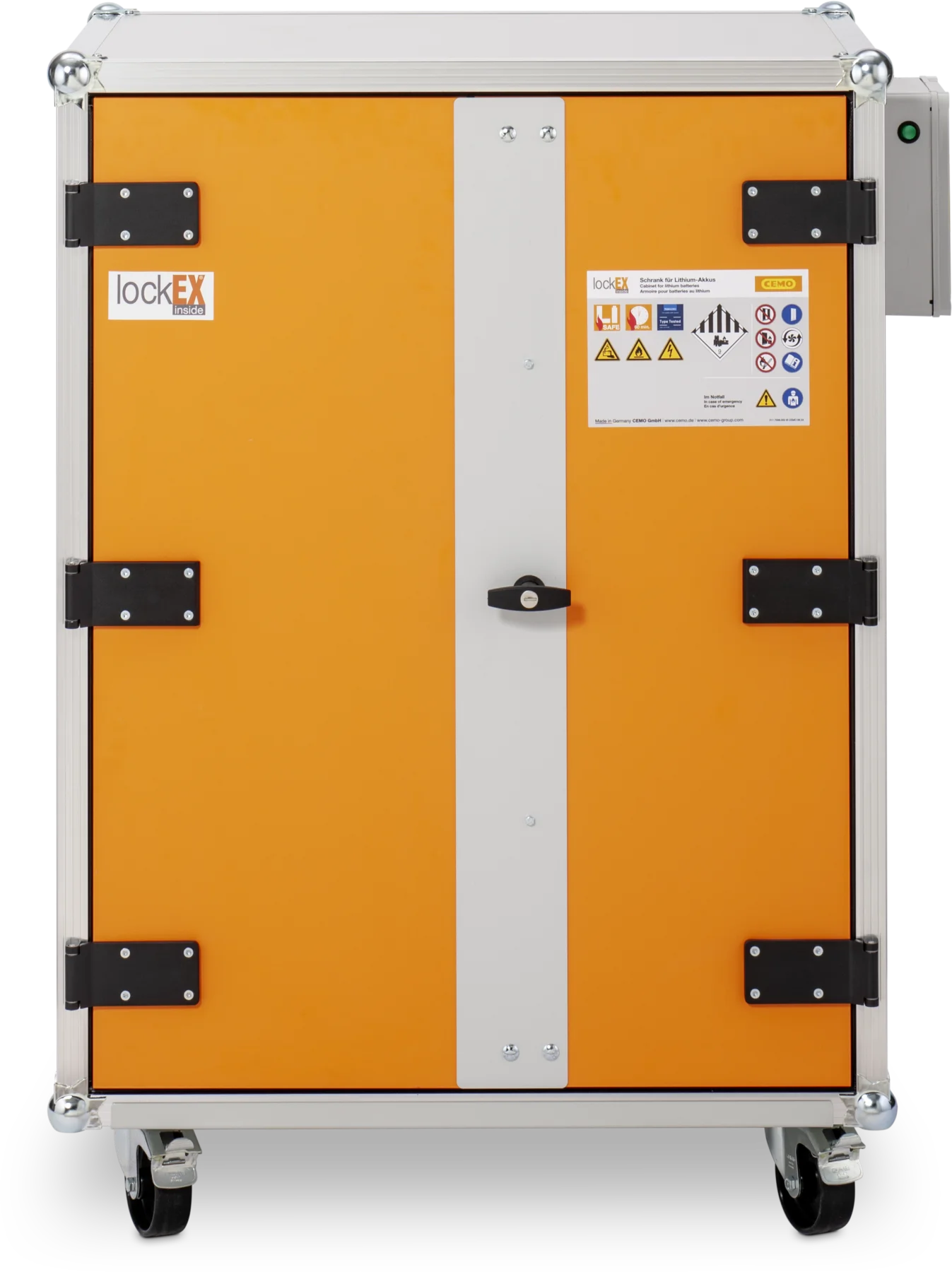 CEMO Akku-Ladeschrank Premium 8/10, 230 V, grau, Doppel-Flügeltür, Türfarbe orange, mit Rollen