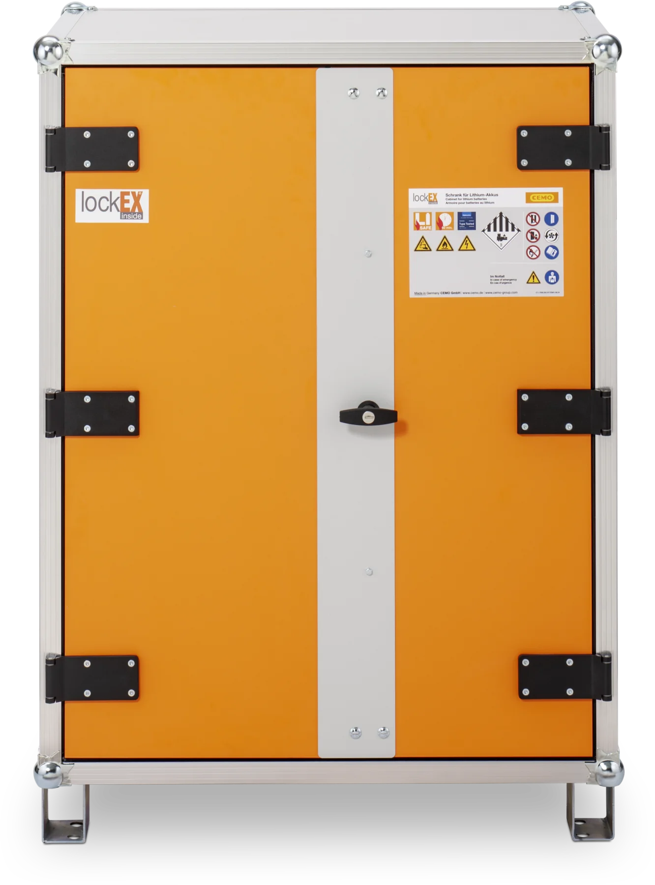 CEMO Battery charging cabinet Basic, 230 V, grey, double hinged doors, orange doors, with stacking feet