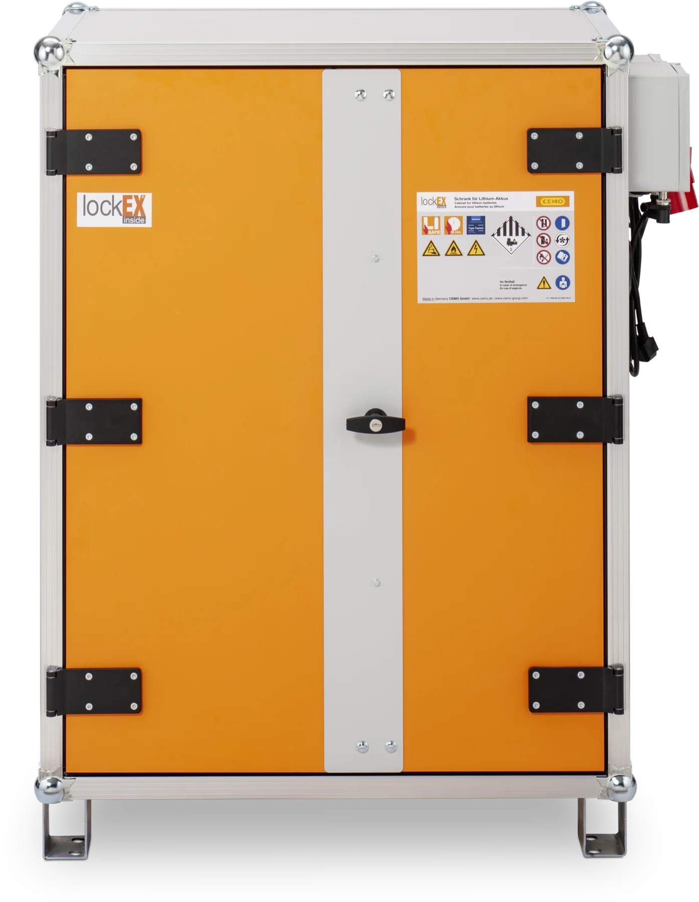 CEMO Akku-Ladeschrank Premium Plus 8/10, 400 V, grau, Doppel-Flügeltür, Türfarbe orange, mit Stapelfüßen