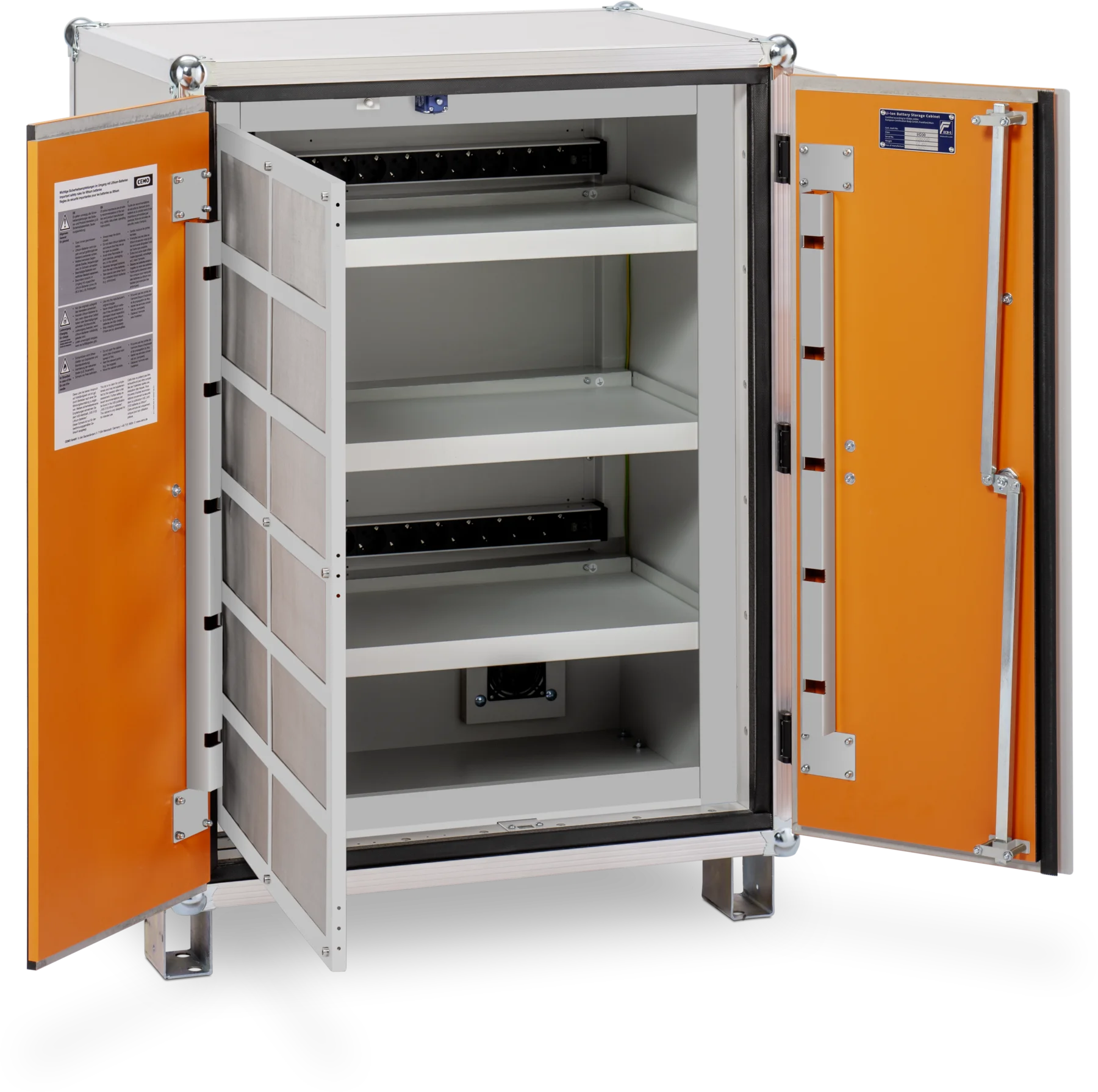 CEMO Akku-Ladeschrank Premium Plus 8/10, 400 V, grau, Doppel-Flügeltür, Türfarbe orange, mit Stapelfüßen