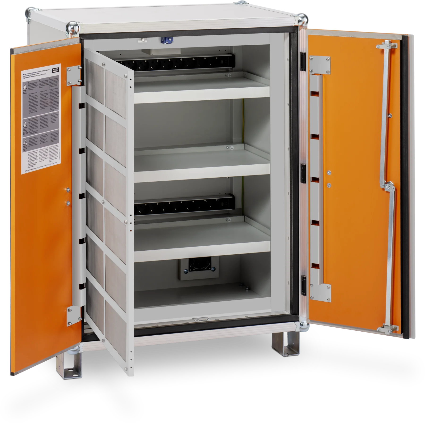 CEMO Battery charging cabinet Basic, 230 V, grey, double hinged doors, orange doors, with stacking feet