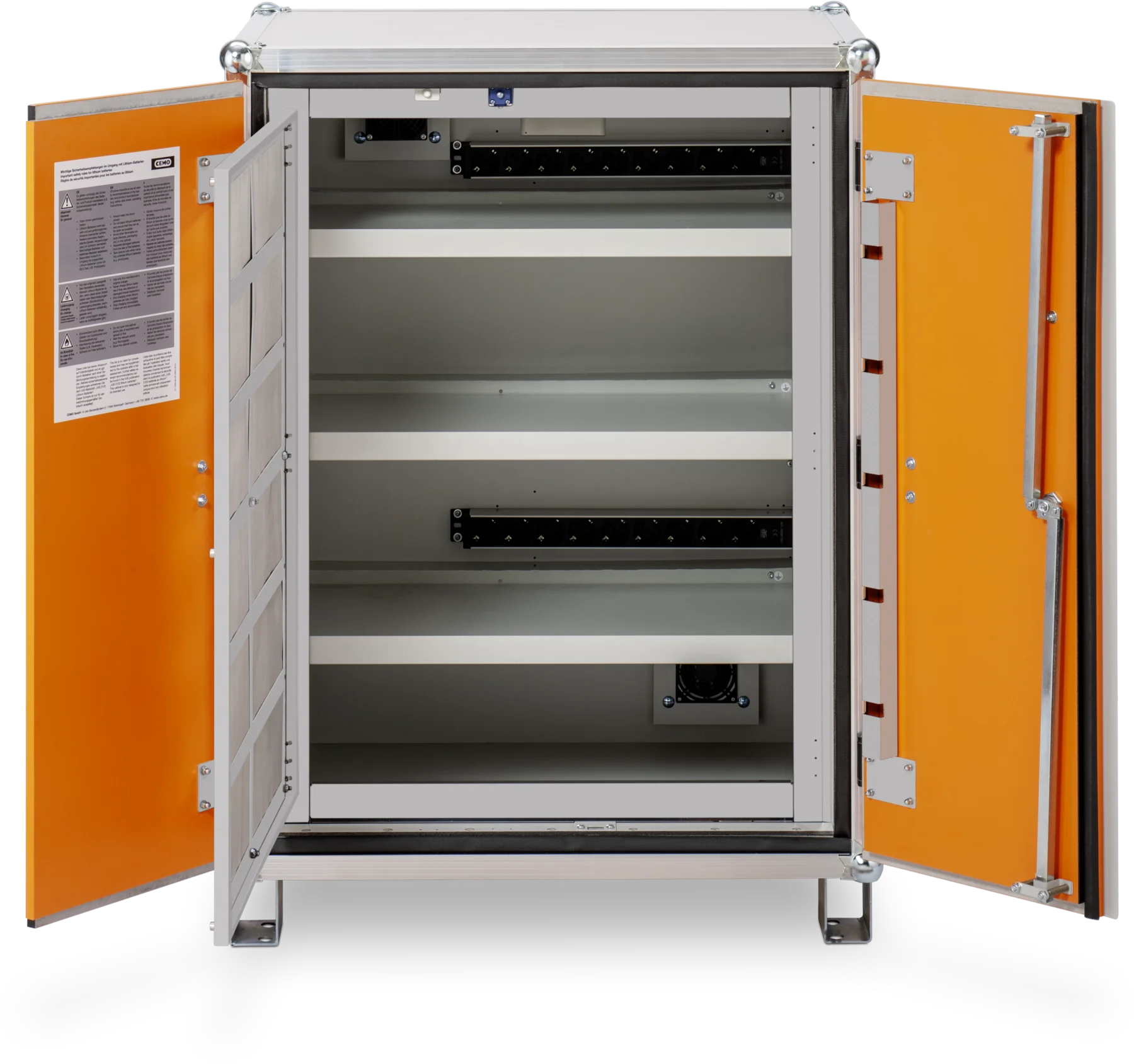 CEMO Battery charging cabinet Basic, 230 V, grey, double hinged doors, orange doors, with stacking feet