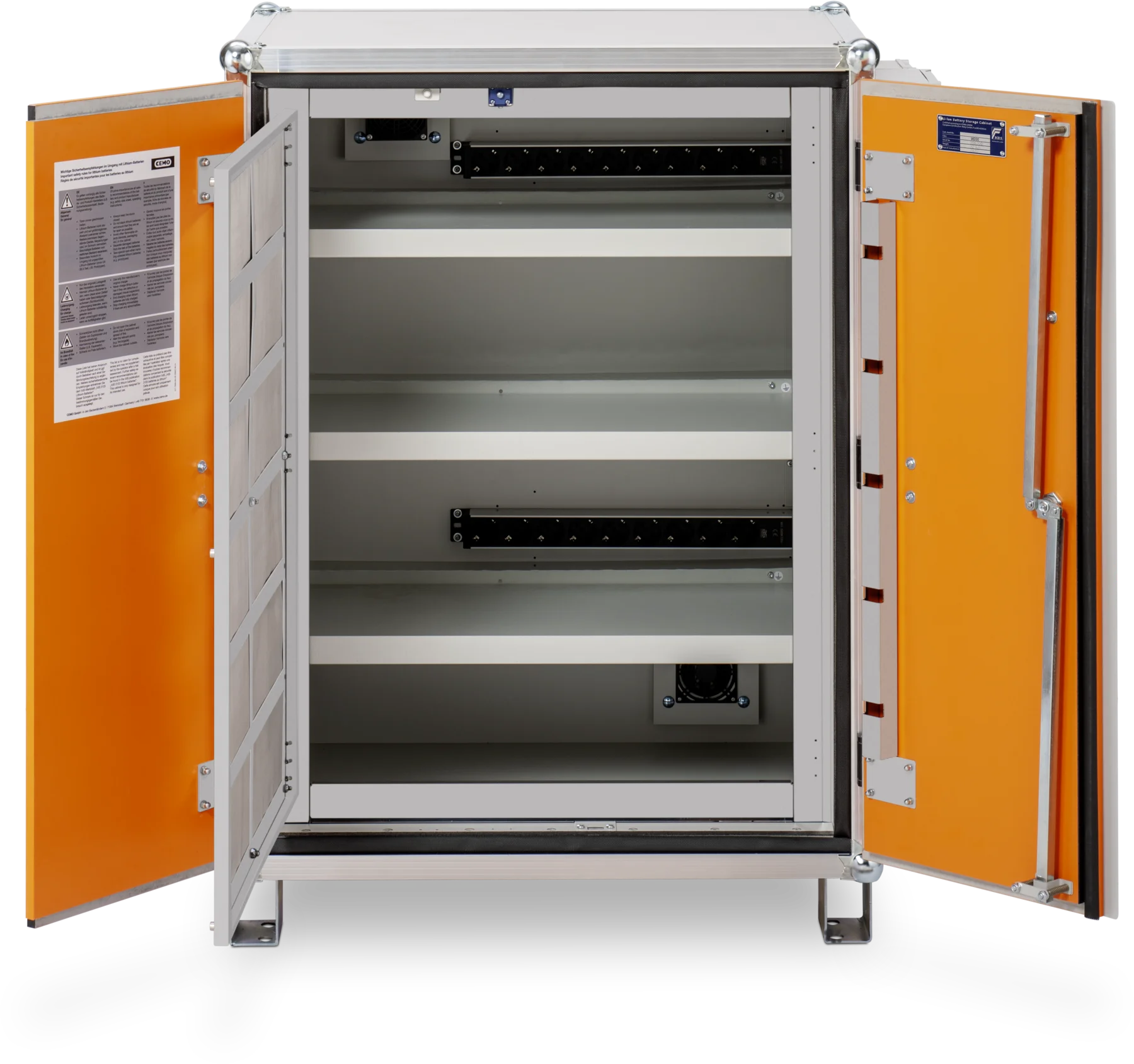 CEMO Akku-Ladeschrank Premium Plus 8/10, 400 V, grau, Doppel-Flügeltür, Türfarbe orange, mit Stapelfüßen