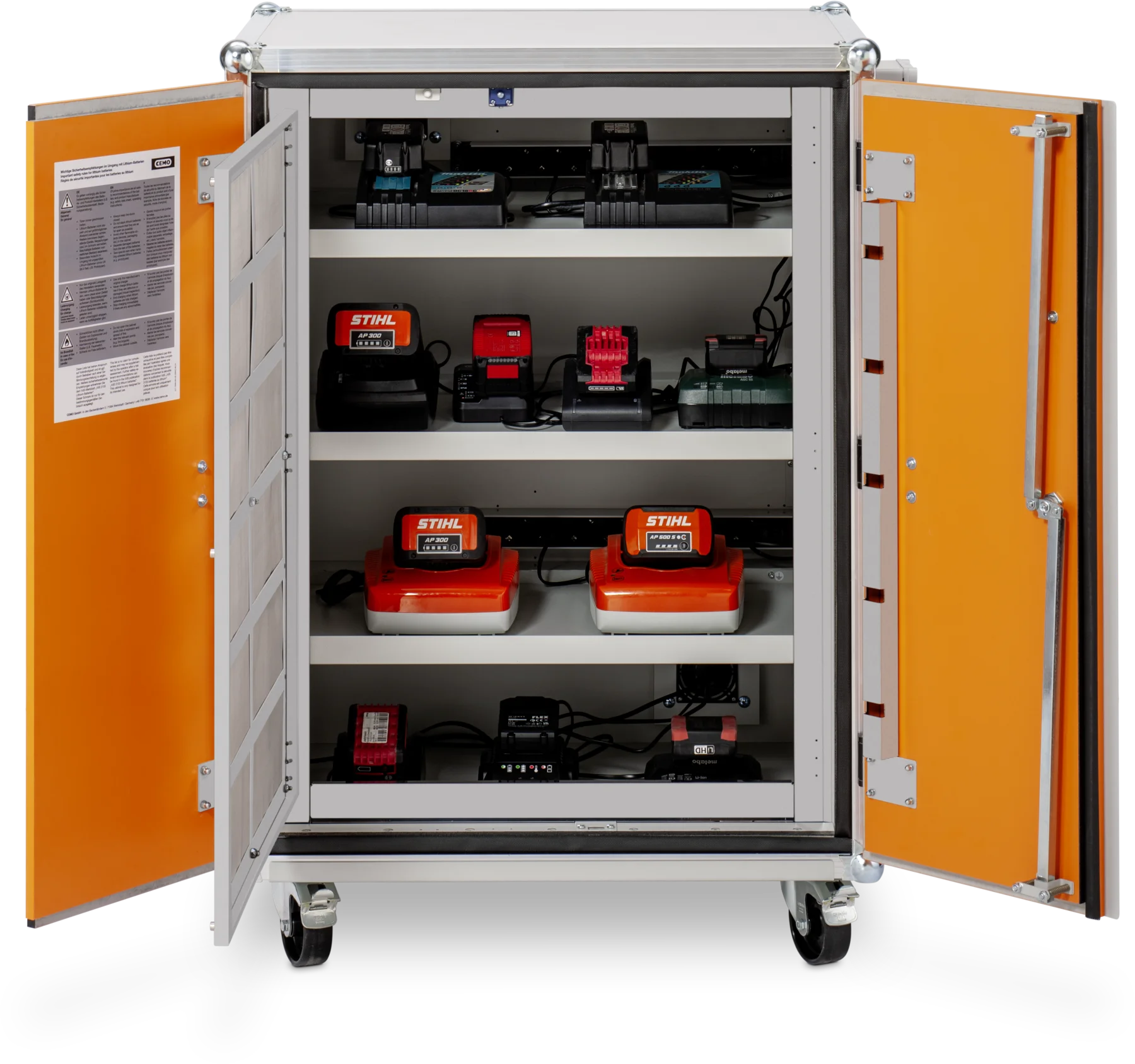 CEMO Akku-Ladeschrank Premium 8/10, 230 V, grau, Doppel-Flügeltür, Türfarbe orange, mit Rollen