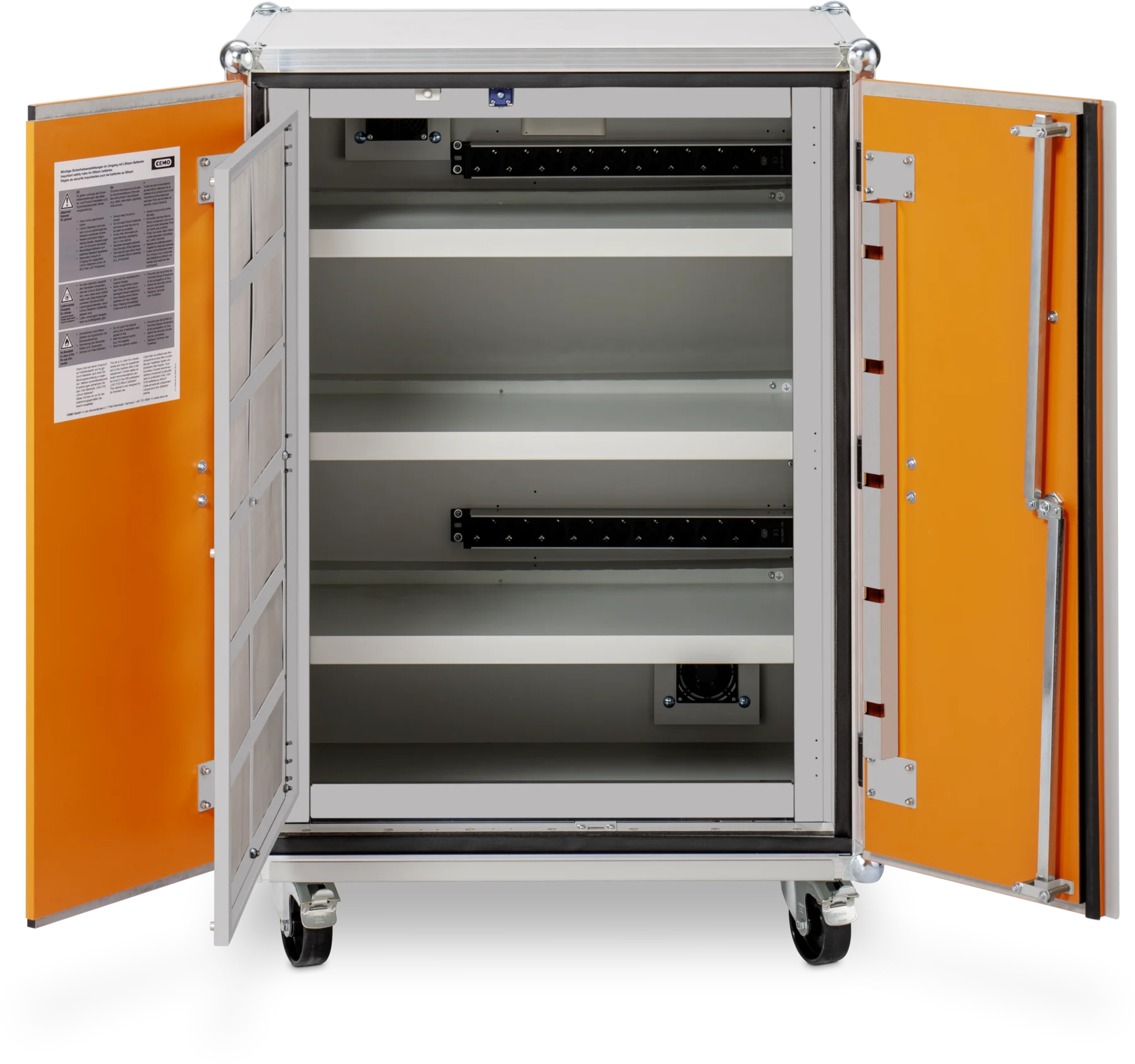 CEMO Battery charging cabinet Basic, 230 V, grey, double hinged doors, orange doors, castors