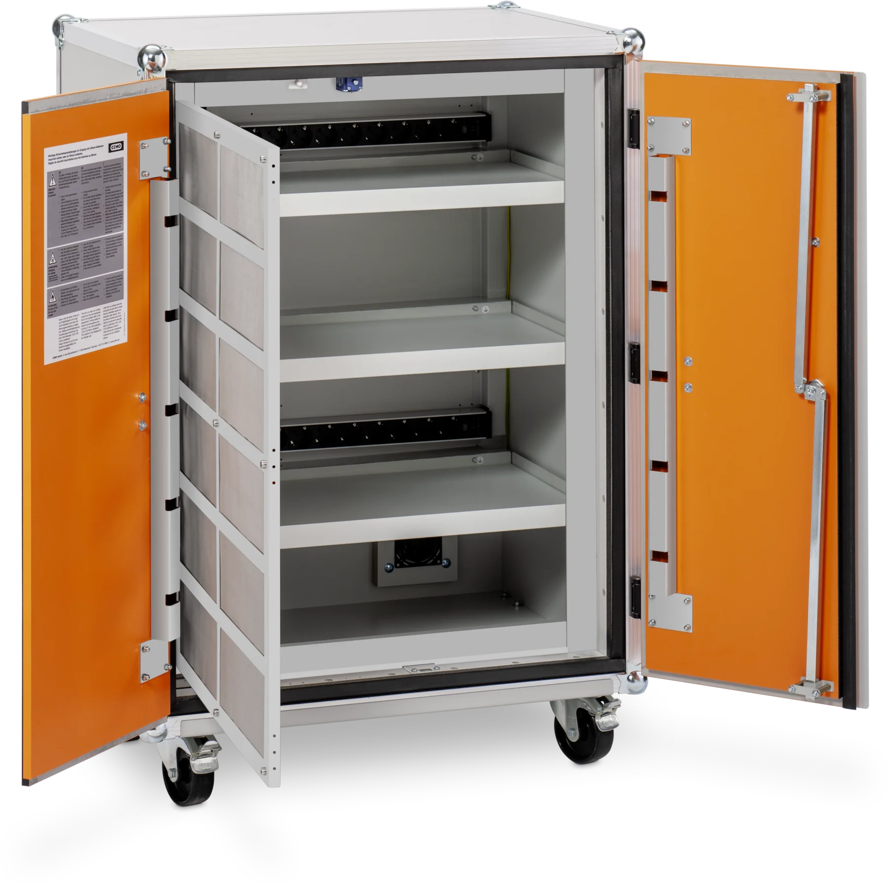 CEMO Akku-Ladeschrank Premium 8/10, 230 V, grau, Doppel-Flügeltür, Türfarbe orange, mit Rollen