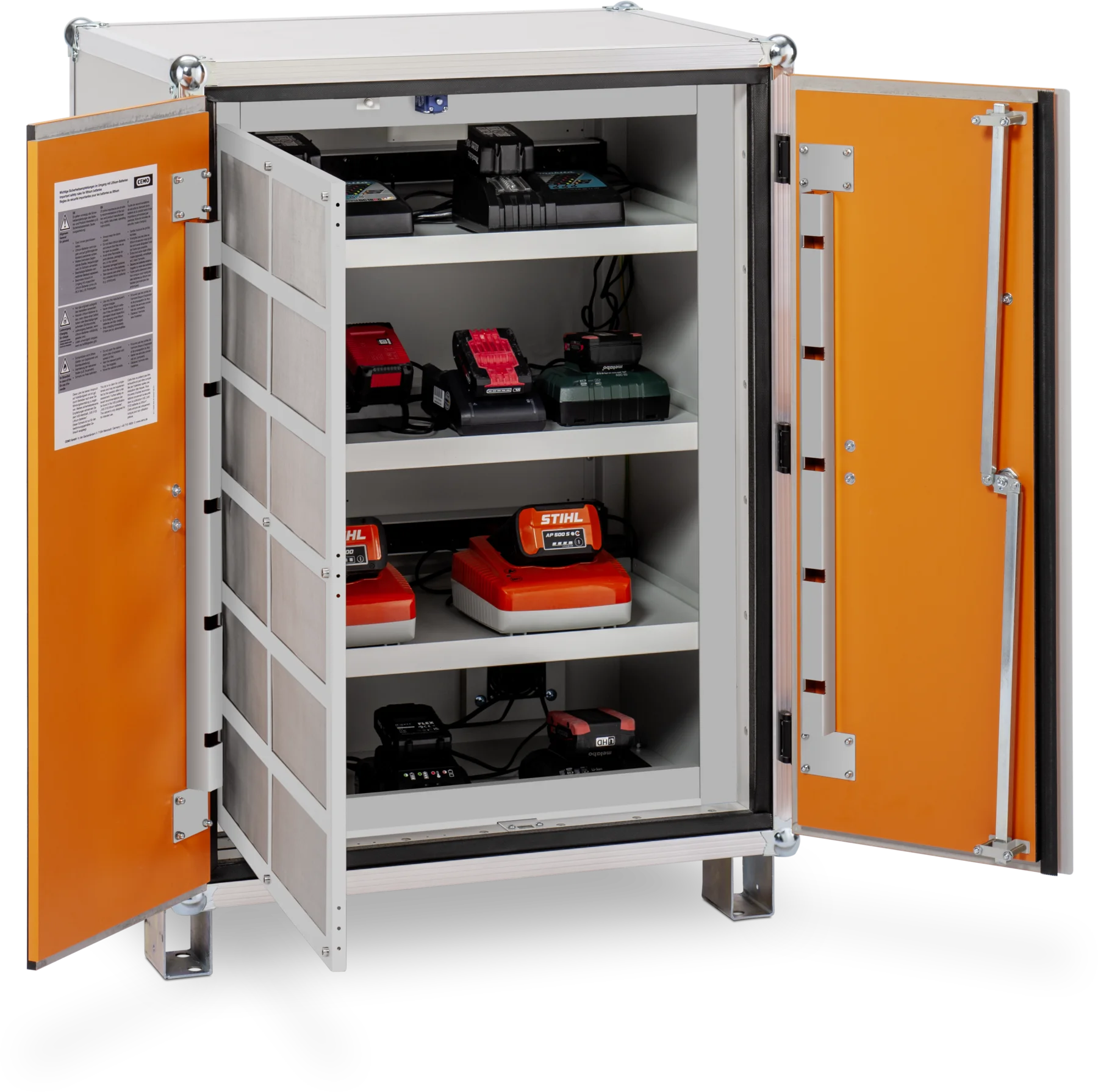 CEMO Battery charging cabinet Basic, 230 V, grey, double hinged doors, orange doors, with stacking feet