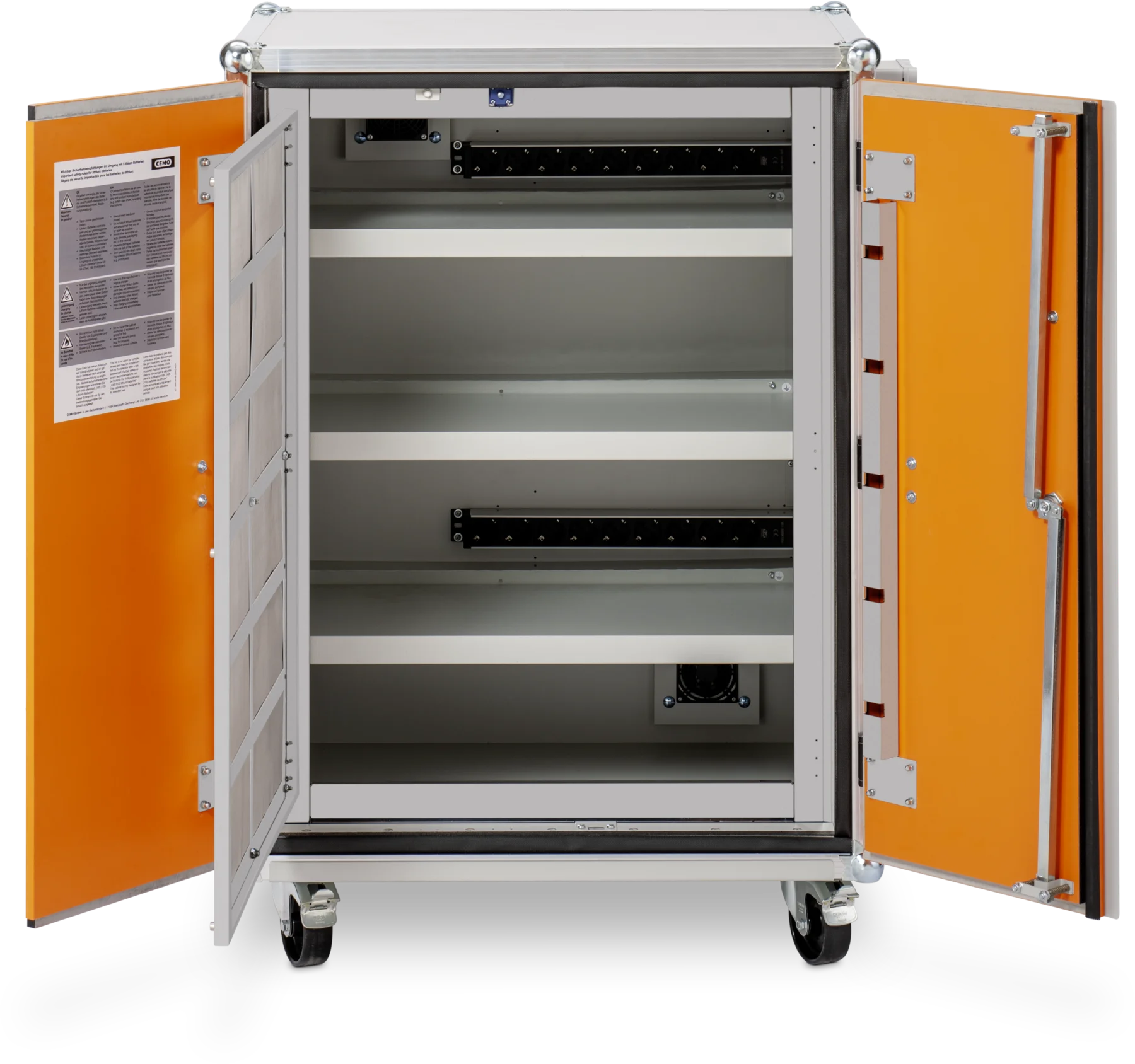 CEMO Akku-Ladeschrank Premium 8/10, 230 V, grau, Doppel-Flügeltür, Türfarbe orange, mit Rollen