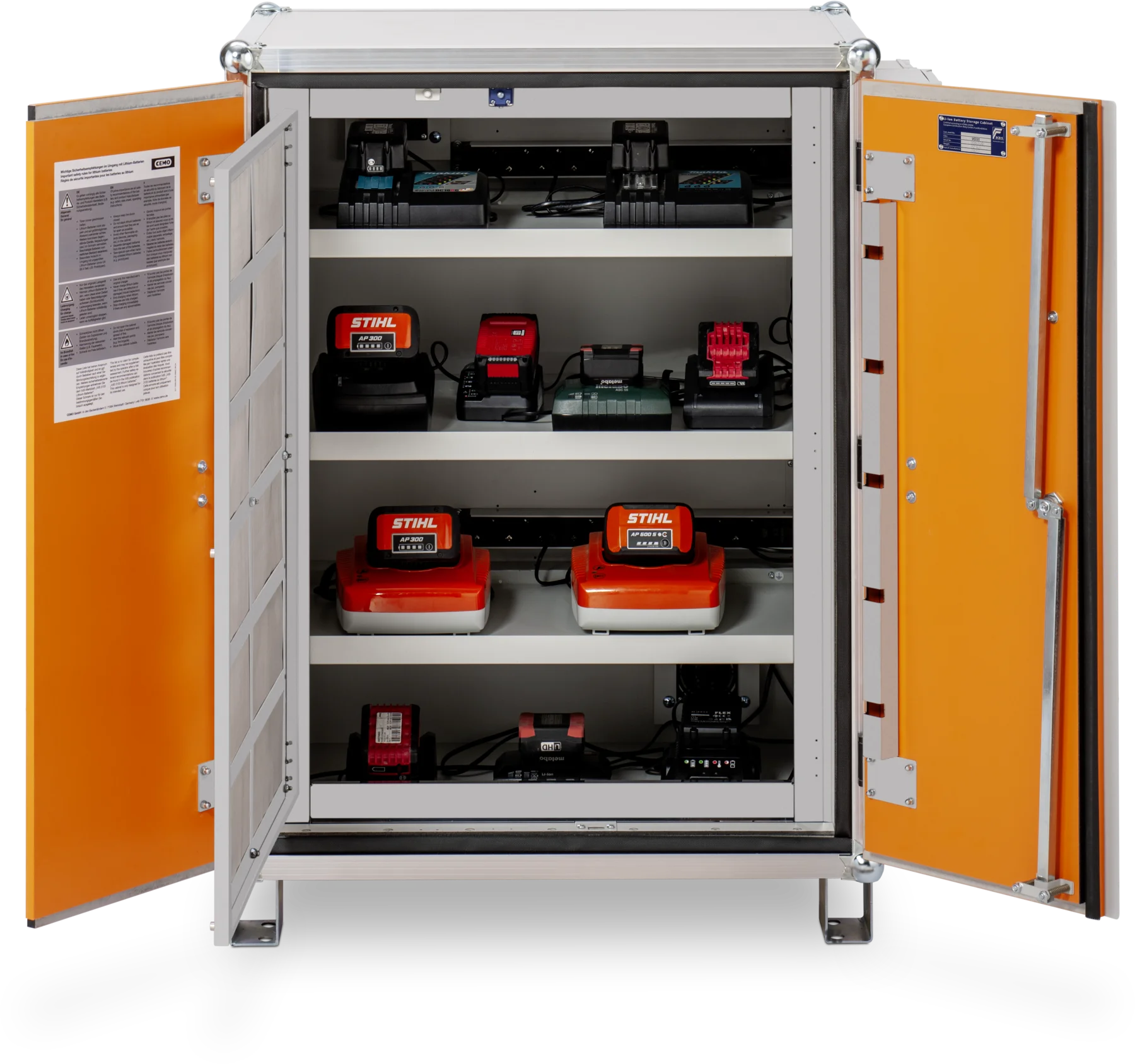 CEMO Akku-Ladeschrank Premium Plus 8/10, 400 V, grau, Doppel-Flügeltür, Türfarbe orange, mit Stapelfüßen