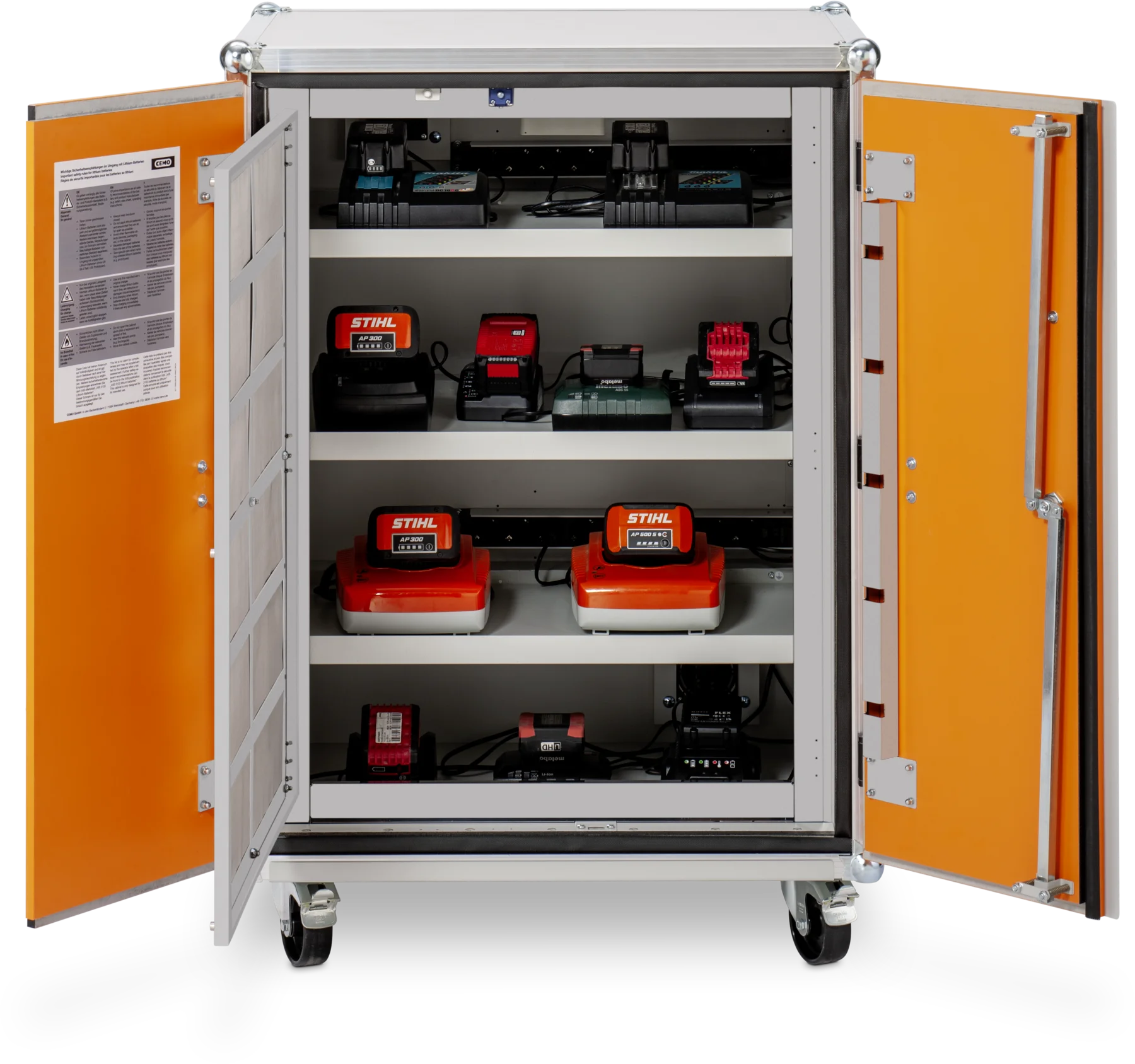 CEMO Battery charging cabinet Basic, 230 V, grey, double hinged doors, orange doors, castors