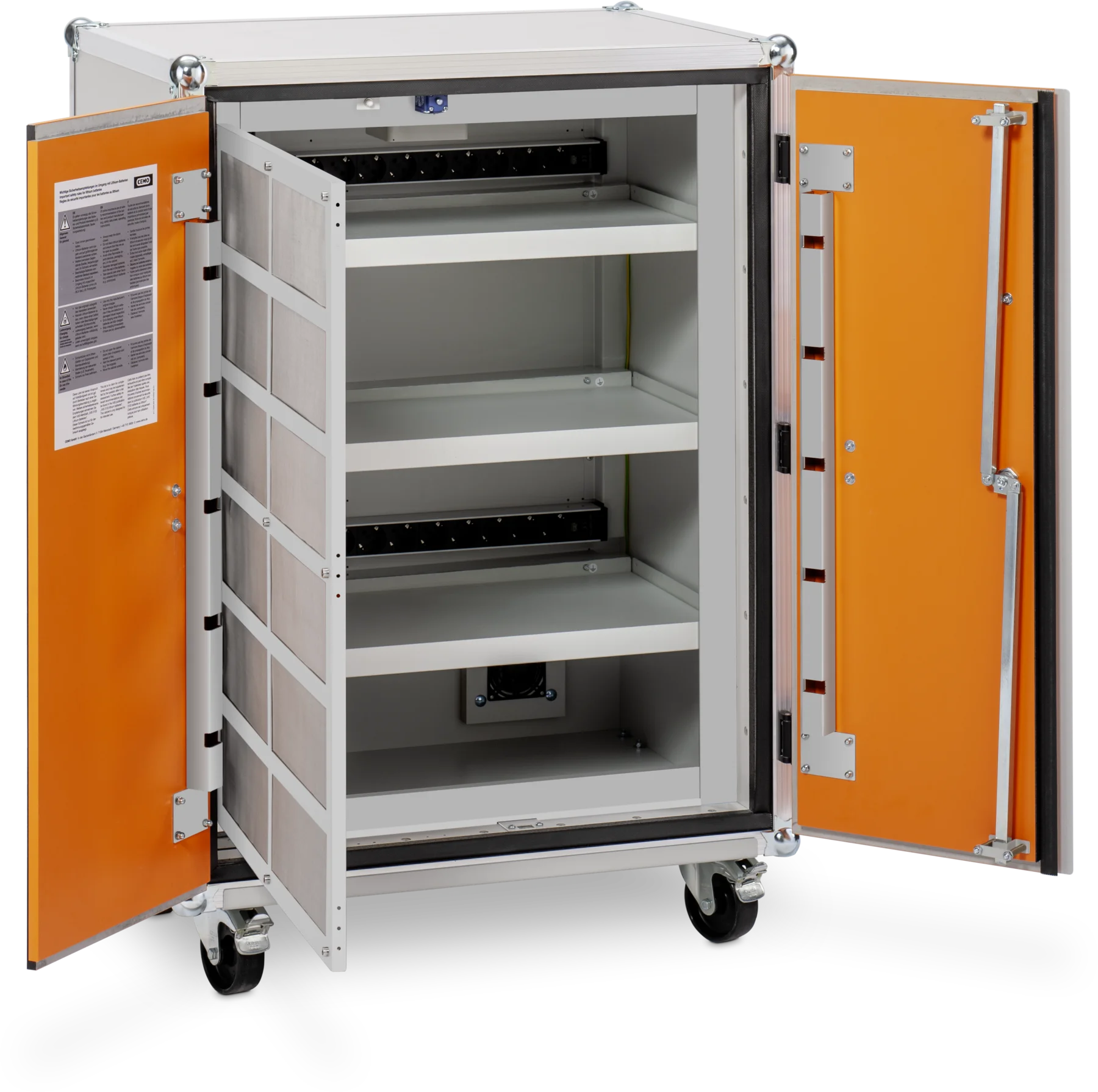 CEMO Battery charging cabinet Basic, 230 V, grey, double hinged doors, orange doors, castors