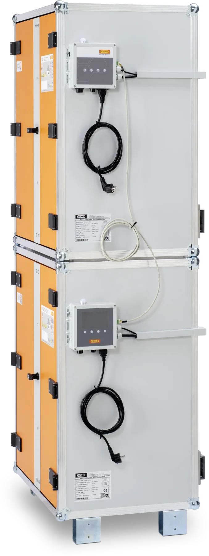 CEMO Battery charging cabinet Premium, 230 V, grey, double hinged doors, orange doors, feet