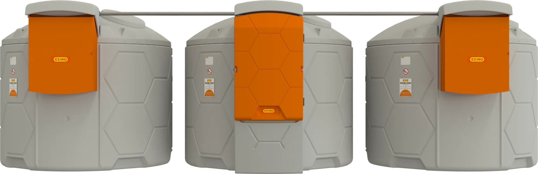 CEMO CUBE diesel battery tank system with 2 outdoor extension tanks, 22500 L, Automatic dispensing nozzle A80 fastfill, 230 V, 85 L/min (max.), grey, with lid, orange