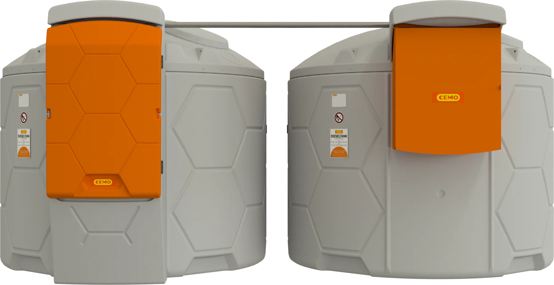 CEMO CUBE diesel battery tank system with 1 outdoor extension tank, 15000 L, Automatic dispensing nozzle A80 fastfill, 230 V, 85 L/min (max.), grey, with lid, orange