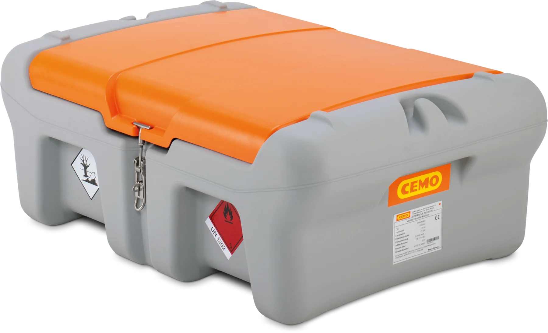 CEMO DT-Mobil Easy according to ADR 1.1.3. 1 c) ? pick-up unit with su, 210 L, Automatic dispensing nozzle diesel, Battery 18 V CAS, 30 L/min (max.), grey, with lid, orange
