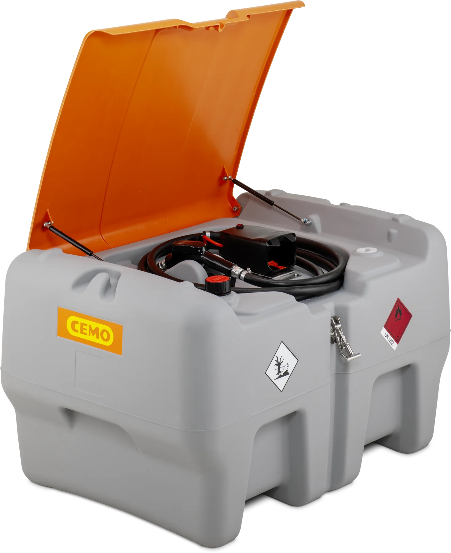 DT-Mobil Easy according to ADR 1.1.3. 1 c), with electrical pump and A, 440 L, Automatic dispensing nozzle diesel, Battery Stihl AP, 30 L/min (max.), grey, with lid, orange