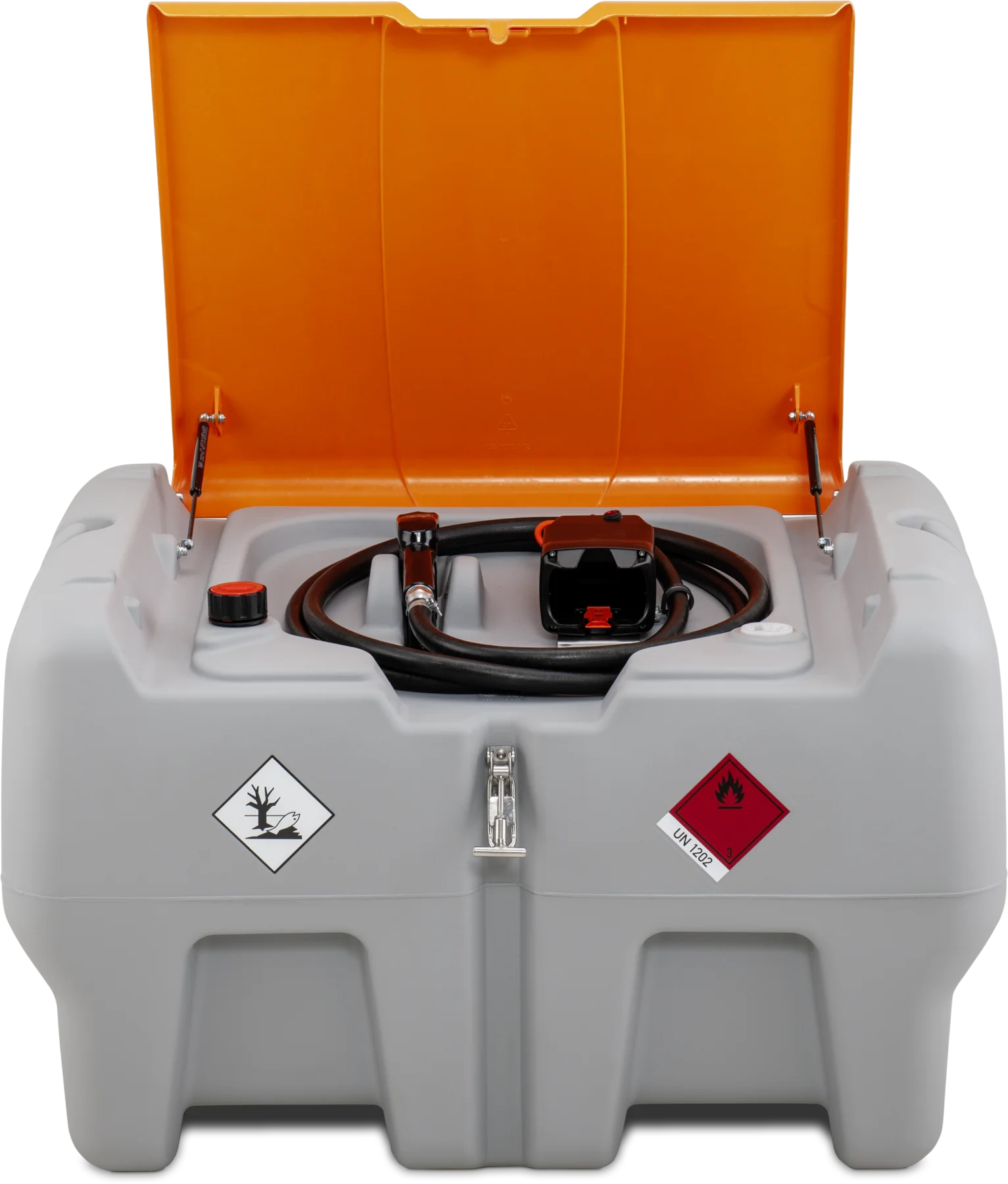 DT-Mobil Easy according to ADR 1.1.3. 1 c), with electrical pump and A, 440 L, Automatic dispensing nozzle diesel, Battery Stihl AP, 30 L/min (max.), grey, with lid, orange