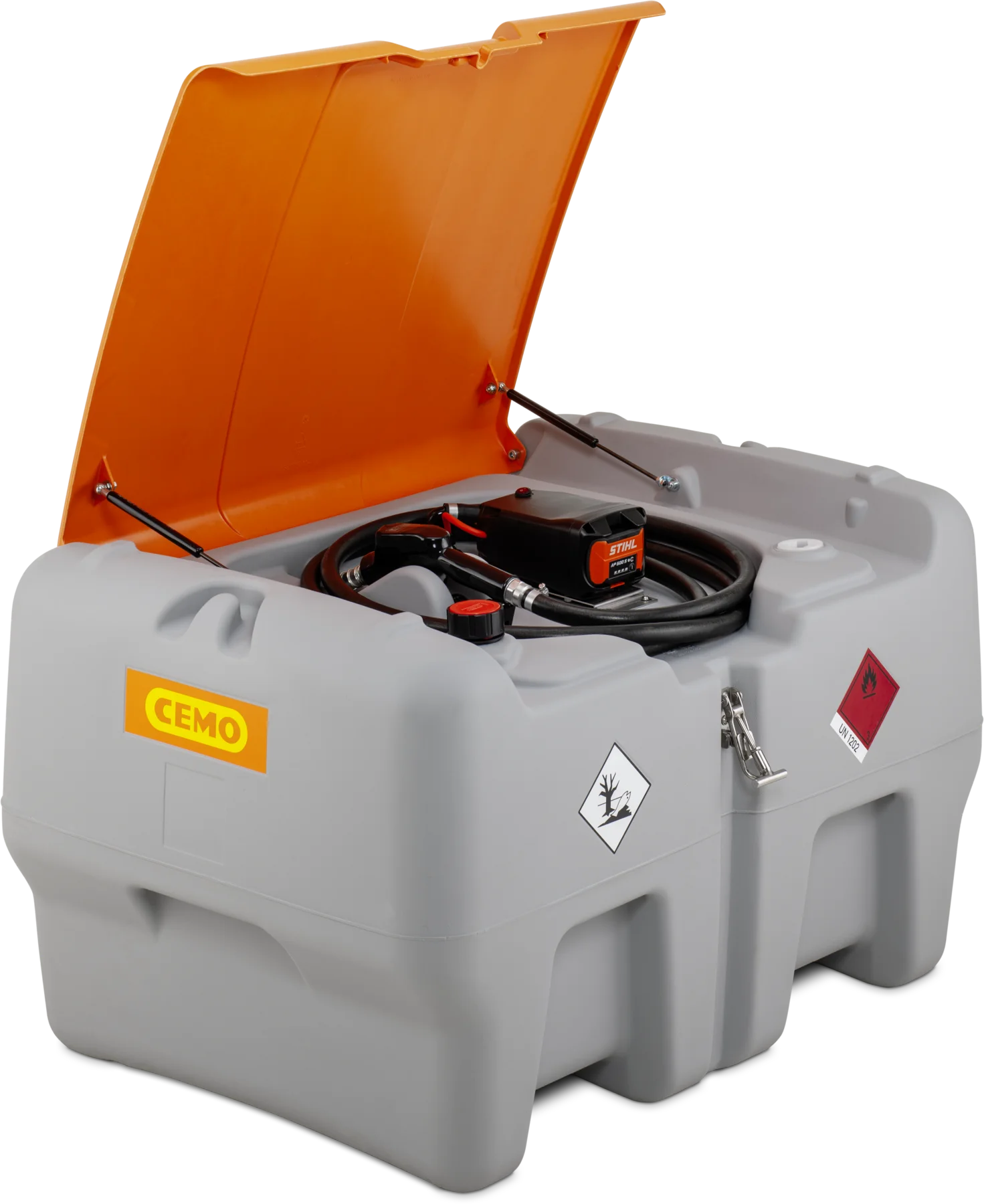 DT-Mobil Easy according to ADR 1.1.3. 1 c), with electrical pump and A, 440 L, Automatic dispensing nozzle diesel, Battery Stihl AP, 30 L/min (max.), grey, with lid, orange