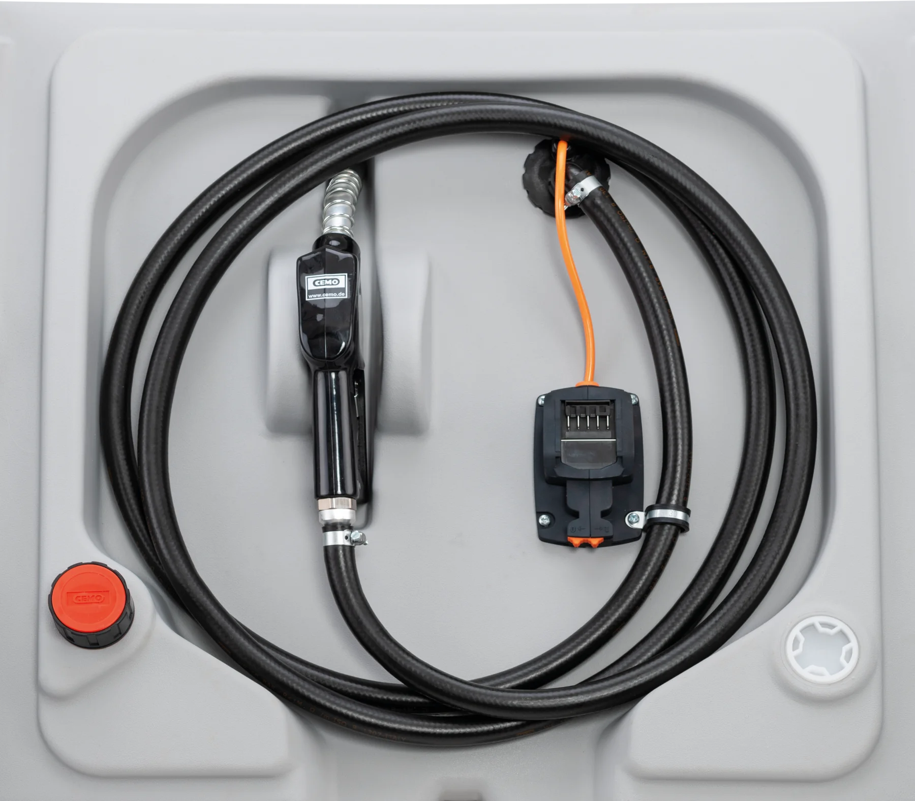 CEMO DT-Mobil Easy according to ADR 1.1.3. 1 c) ? pick-up unit with su, 210 L, Automatic dispensing nozzle diesel, Battery 18 V CAS, 30 L/min (max.), grey, with lid, orange