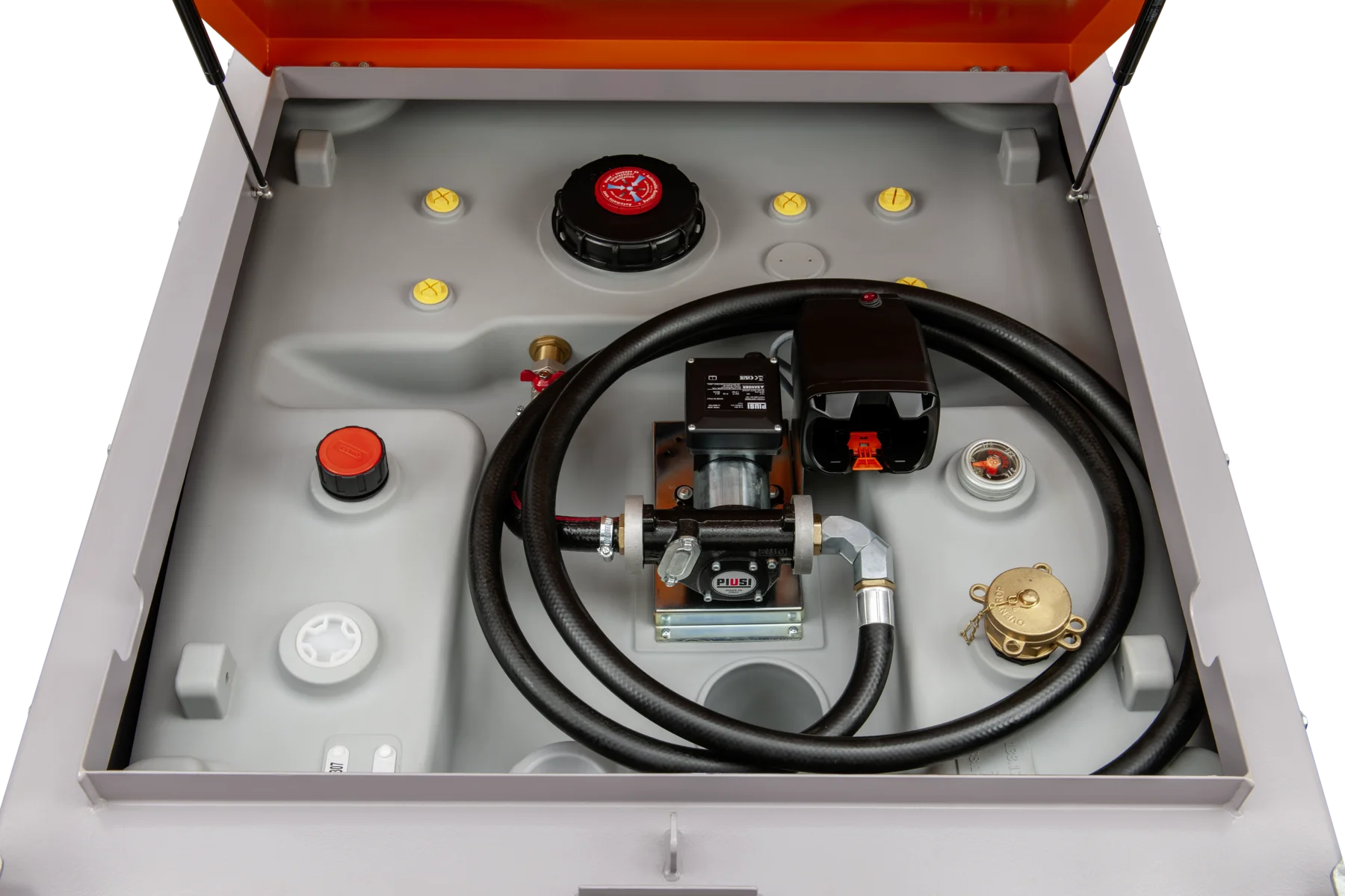 CEMO DT Mobil PRO hybrid Basic with electric pump and APready battery, 980 L, Automatic dispensing nozzle A80 fastfill, Battery Stihl AP, 60 L/min (max.), grey, with lid, orange