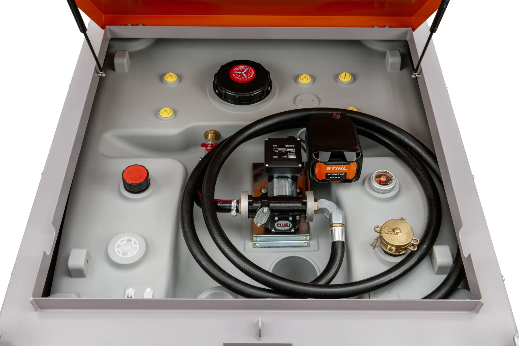 CEMO DT Mobil PRO hybrid Basic with electric pump and APready battery, 980 L, Automatic dispensing nozzle A80 fastfill, Battery Stihl AP, 60 L/min (max.), grey, with lid, orange