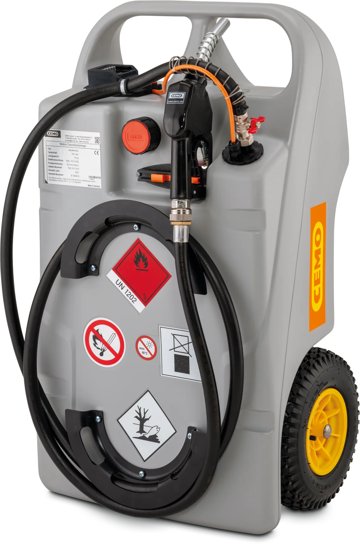 CEMO diesel trolley with submersible pump and CAS battery system, 100 L, Automatic dispensing nozzle diesel, Battery 18 V CAS, 25 L/min (max.), grey