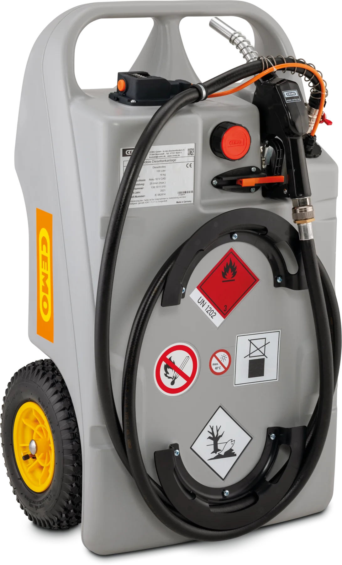 CEMO diesel trolley with submersible pump and CAS battery system, 100 L, Automatic dispensing nozzle diesel, Battery 18 V CAS, 25 L/min (max.), grey