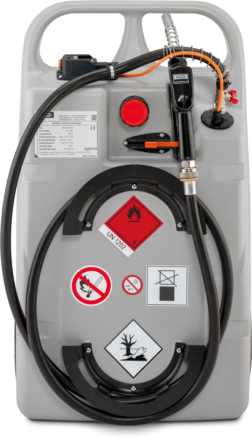 CEMO diesel trolley with submersible pump and CAS battery system, 100 L, Automatic dispensing nozzle diesel, Battery 18 V CAS, 25 L/min (max.), grey