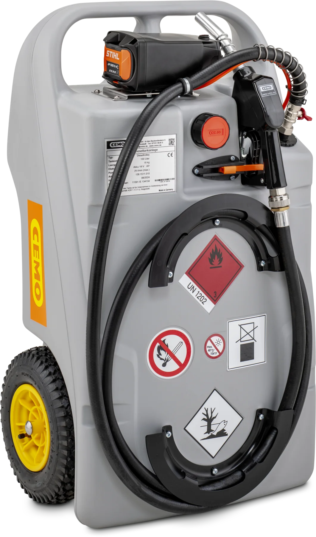 CEMO diesel trolley with submersible pump and APready battery system, 100 L, Automatic dispensing nozzle diesel, Battery Stihl AP, 25 L/min (max.), grey