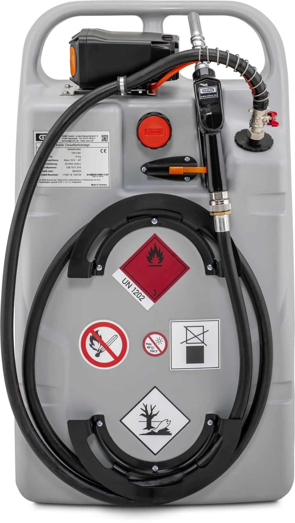 CEMO diesel trolley with submersible pump and APready battery system, 100 L, Automatic dispensing nozzle diesel, Battery Stihl AP, 25 L/min (max.), grey