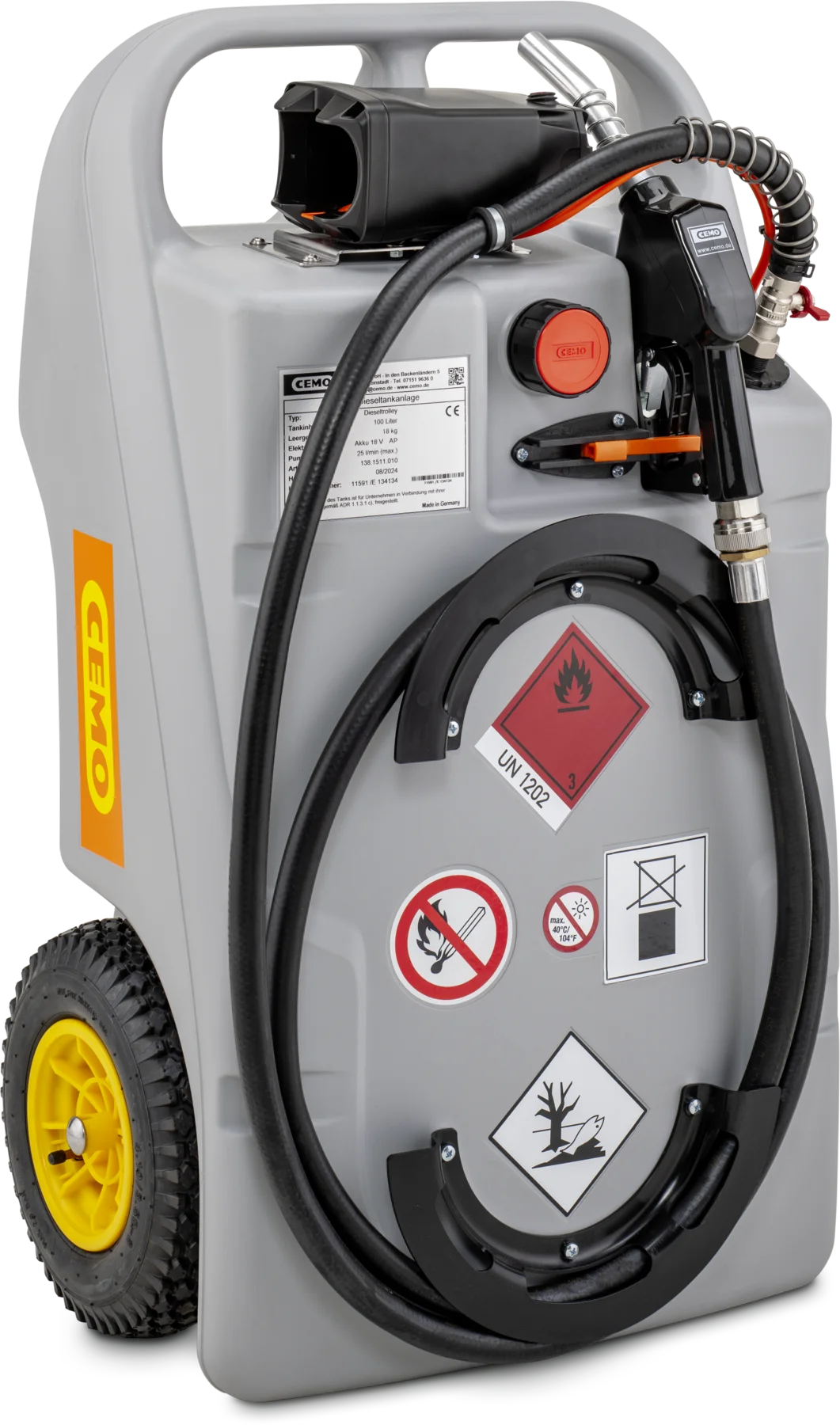 CEMO diesel trolley with submersible pump and APready battery system, 100 L, Automatic dispensing nozzle diesel, Battery Stihl AP, 25 L/min (max.), grey